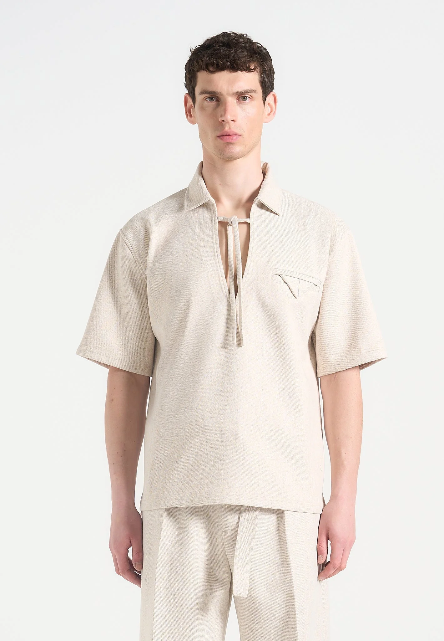 Norbert - Open Collar Textured Drawstring Shirt - Cream - Image 4