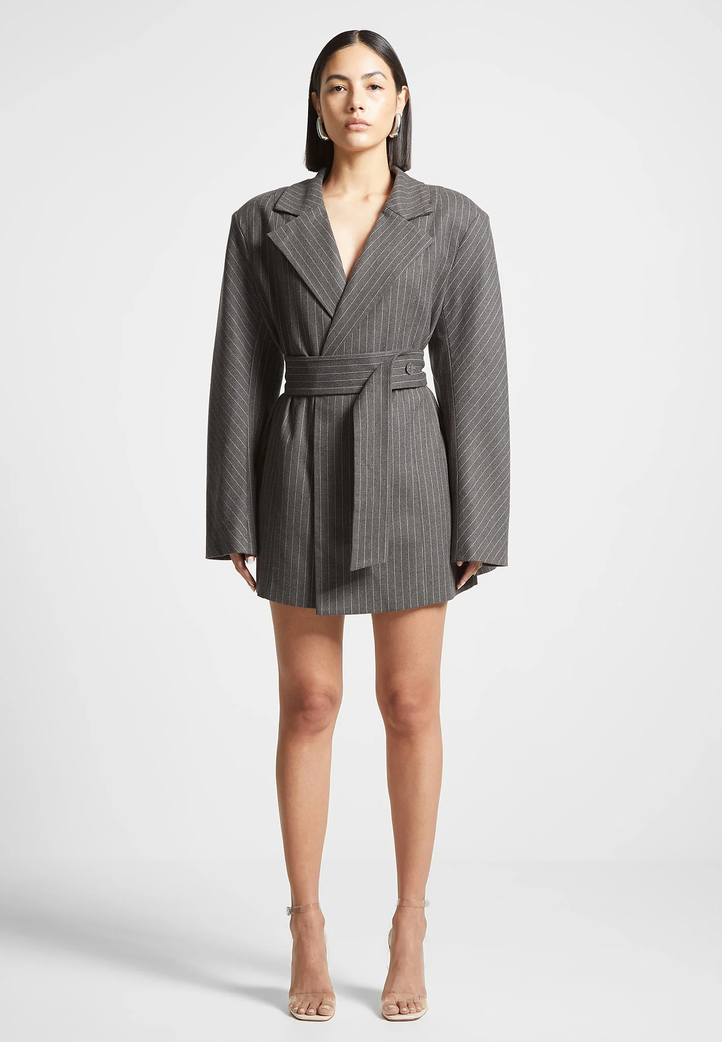 Oversized Pinstripe Blazer Dress - Grey - Image 3