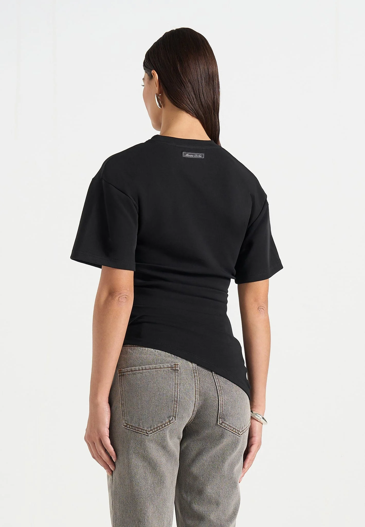 Pauline - Ruched  Asymmetric Cotton T-Shirt - Black - Image 4