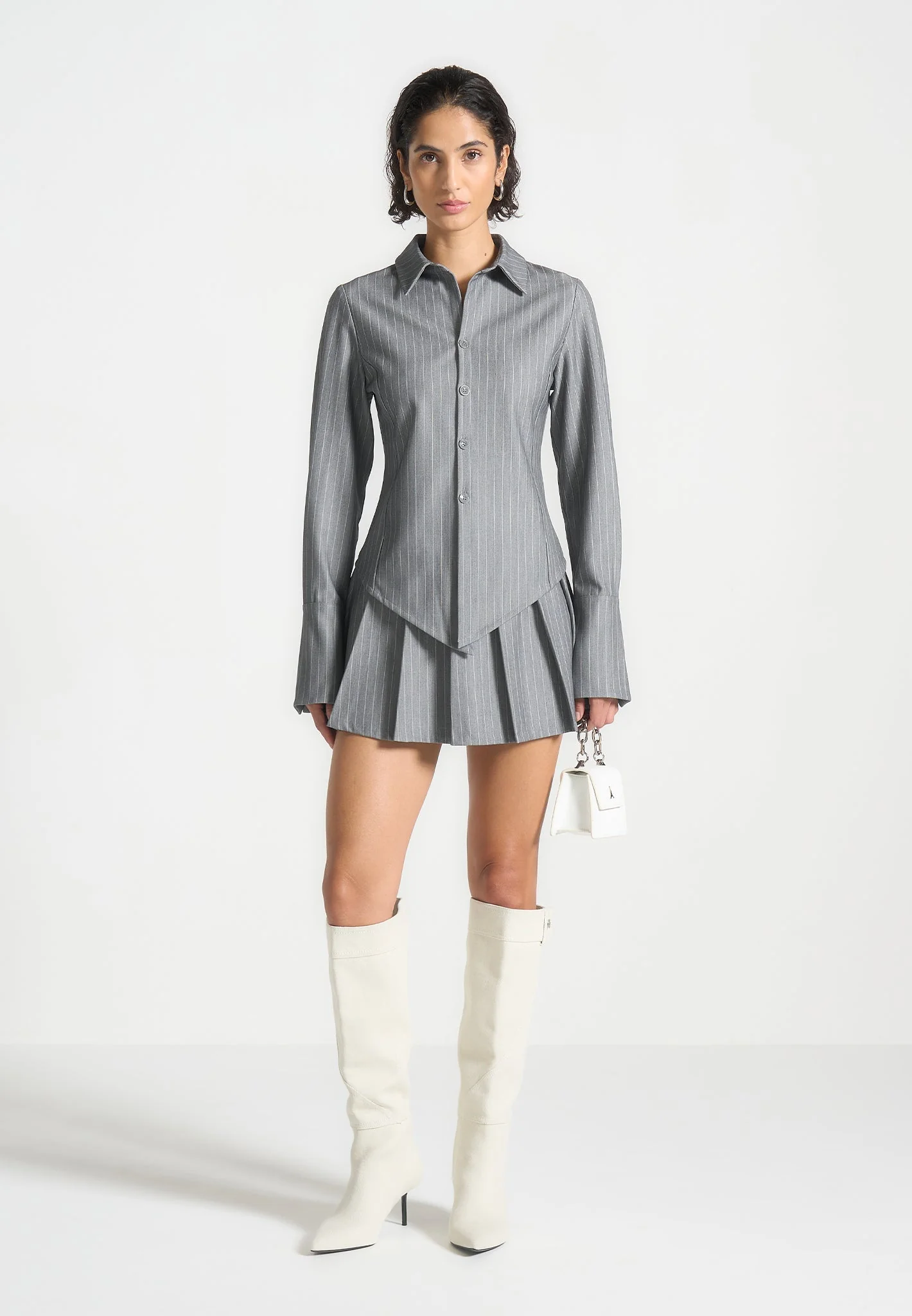 Rina - Pinstripe Pleated Skort - Grey