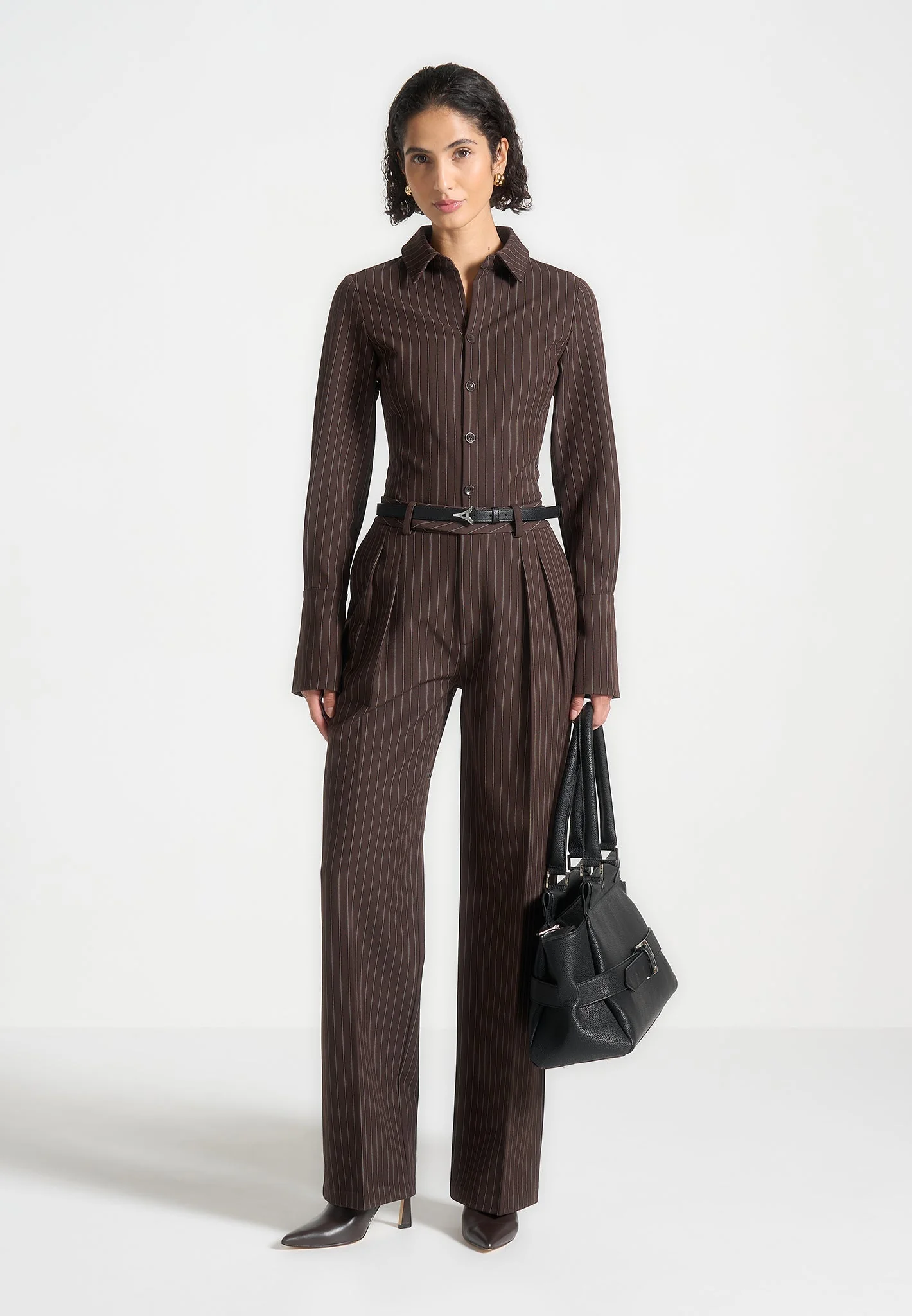 Julie - Pinstripe Twin Pleat Tailored Trousers - Brown - Image 2