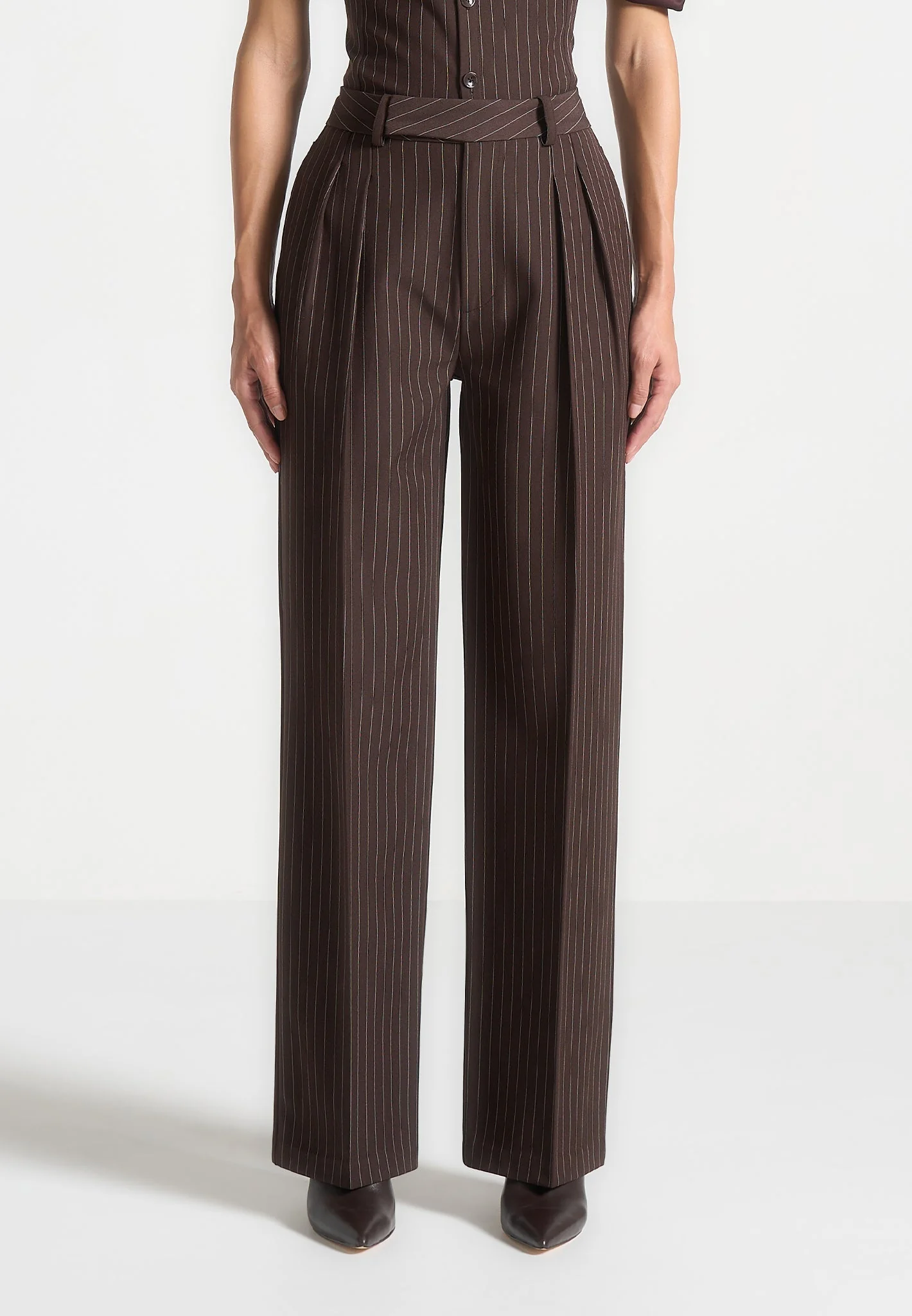 Julie - Pinstripe Twin Pleat Tailored Trousers - Brown - Image 3