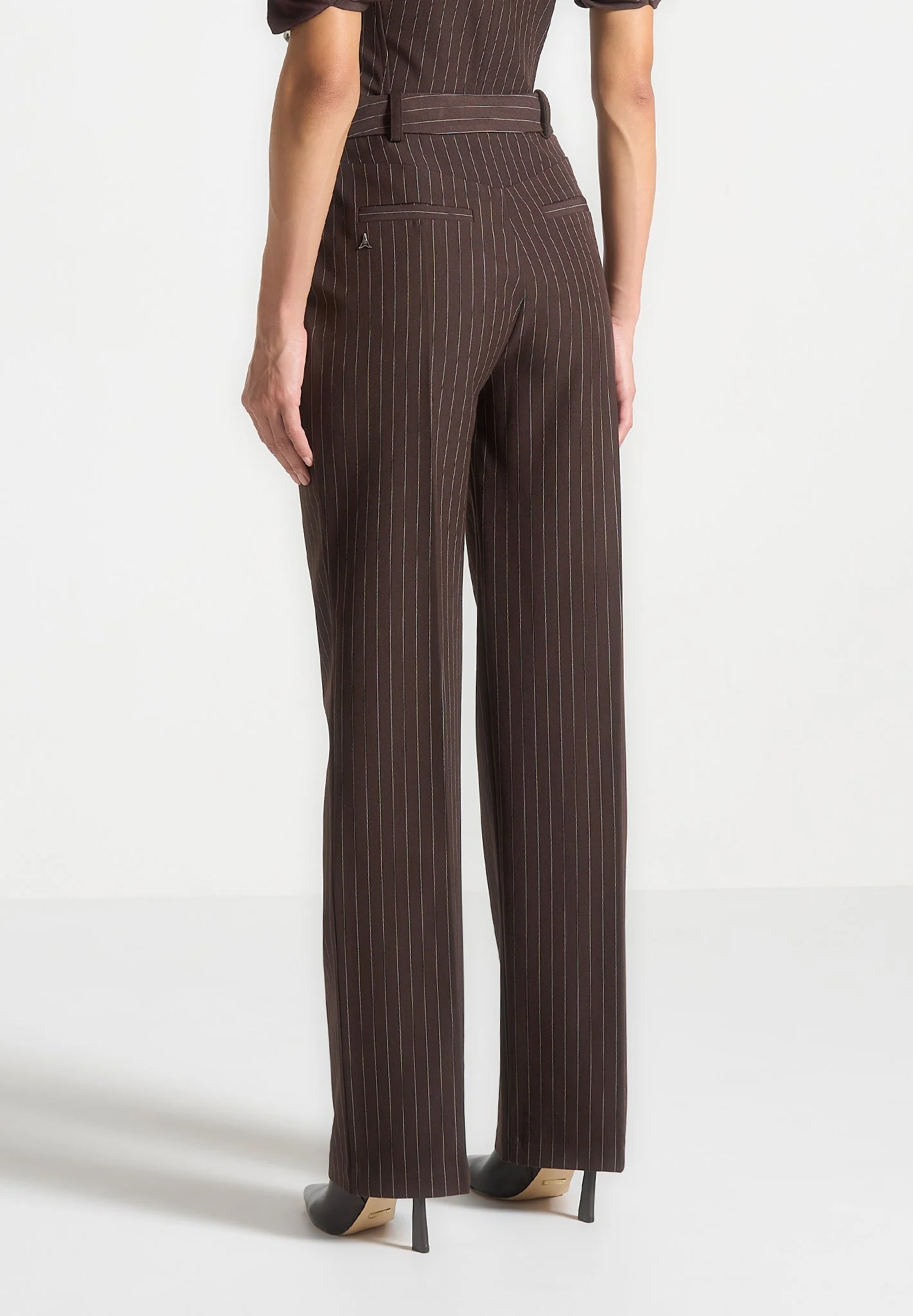 Julie - Pinstripe Twin Pleat Tailored Trousers - Brown - Image 4