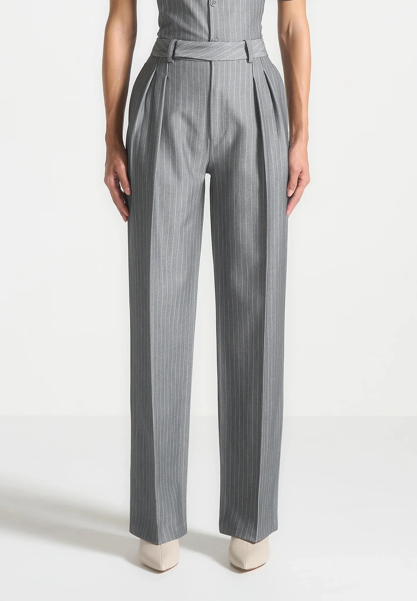 Julie - Pinstripe Twin Pleat Tailored Trousers - Grey - Image 3