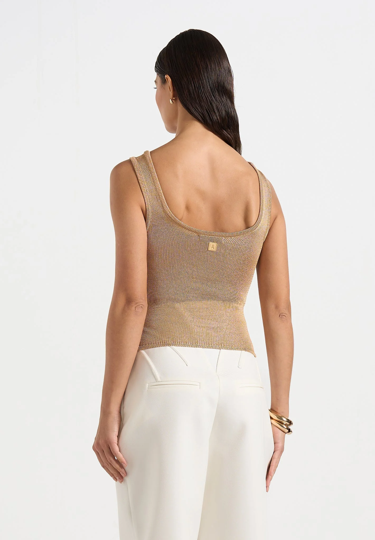 Pippa - Pointelle Knitted Tank Top With Knot Button - Gold - Image 4