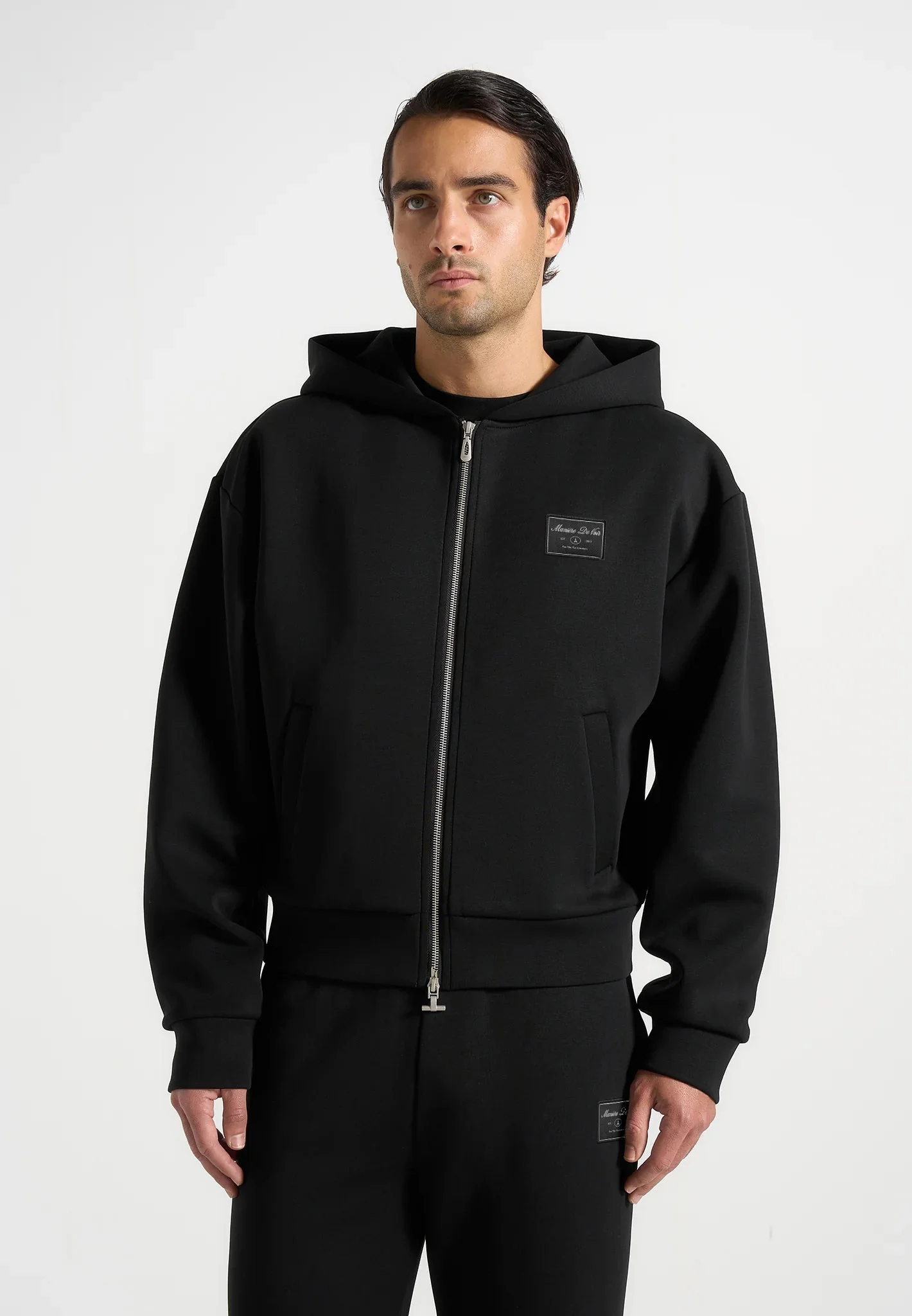 Ray - Unisex Neoprene Cropped Zip Hoodie - Black - Image 2