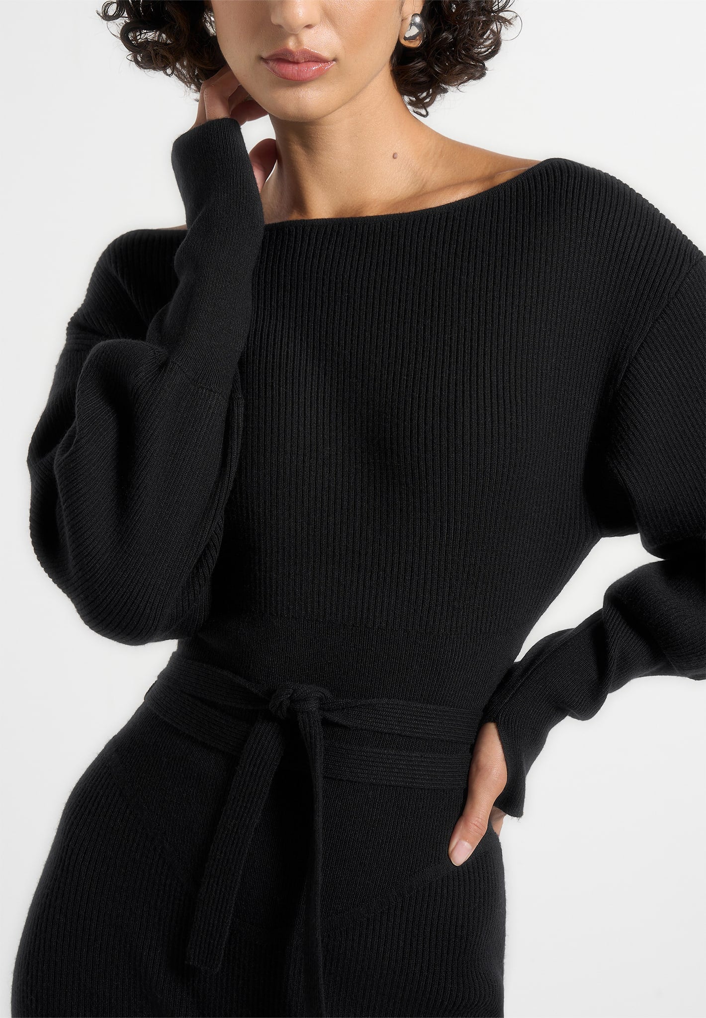 Raya - Off Shoulder Knitted Playsuit With Belt - Black - Image 3