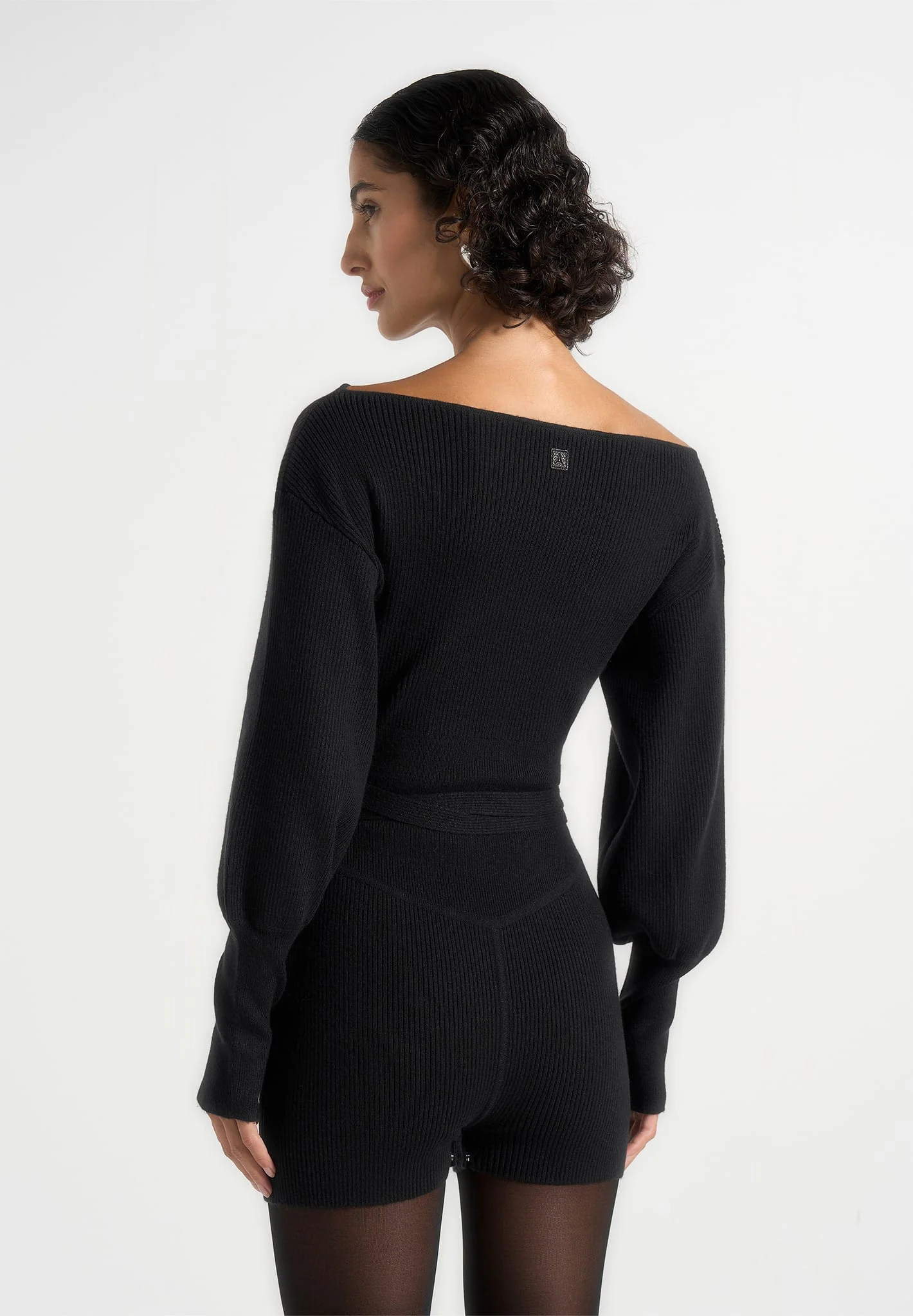 Raya - Off Shoulder Knitted Playsuit With Belt - Black - Image 4