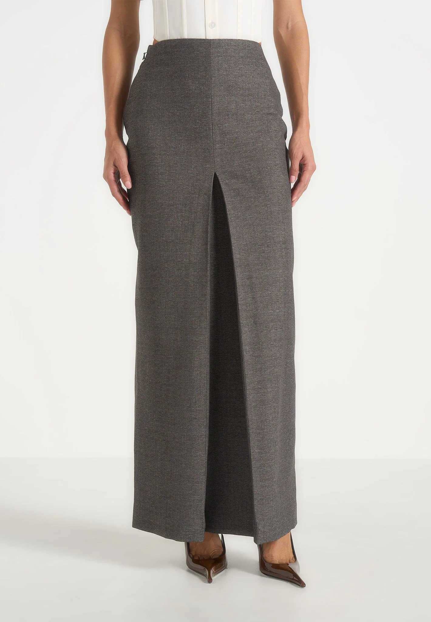 Regine - Tailored Box Pleat Maxi Skirt - Marl Grey - Image 2