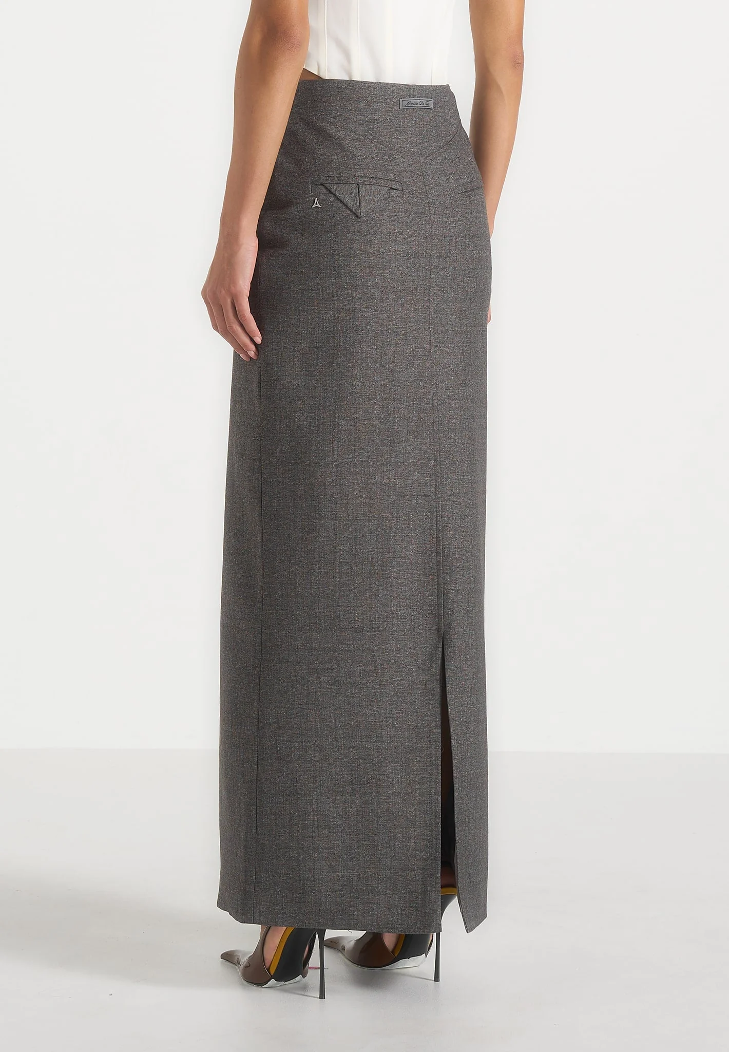 Regine - Tailored Box Pleat Maxi Skirt - Marl Grey - Image 4