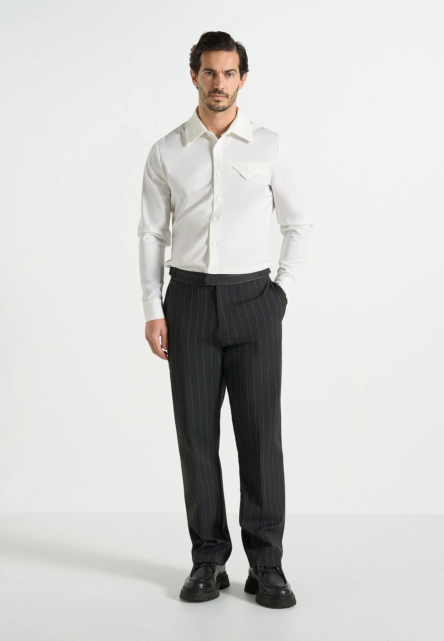 Joseph - Regular Fit Pinstripe Tailored Trousers - Grey - Image 5