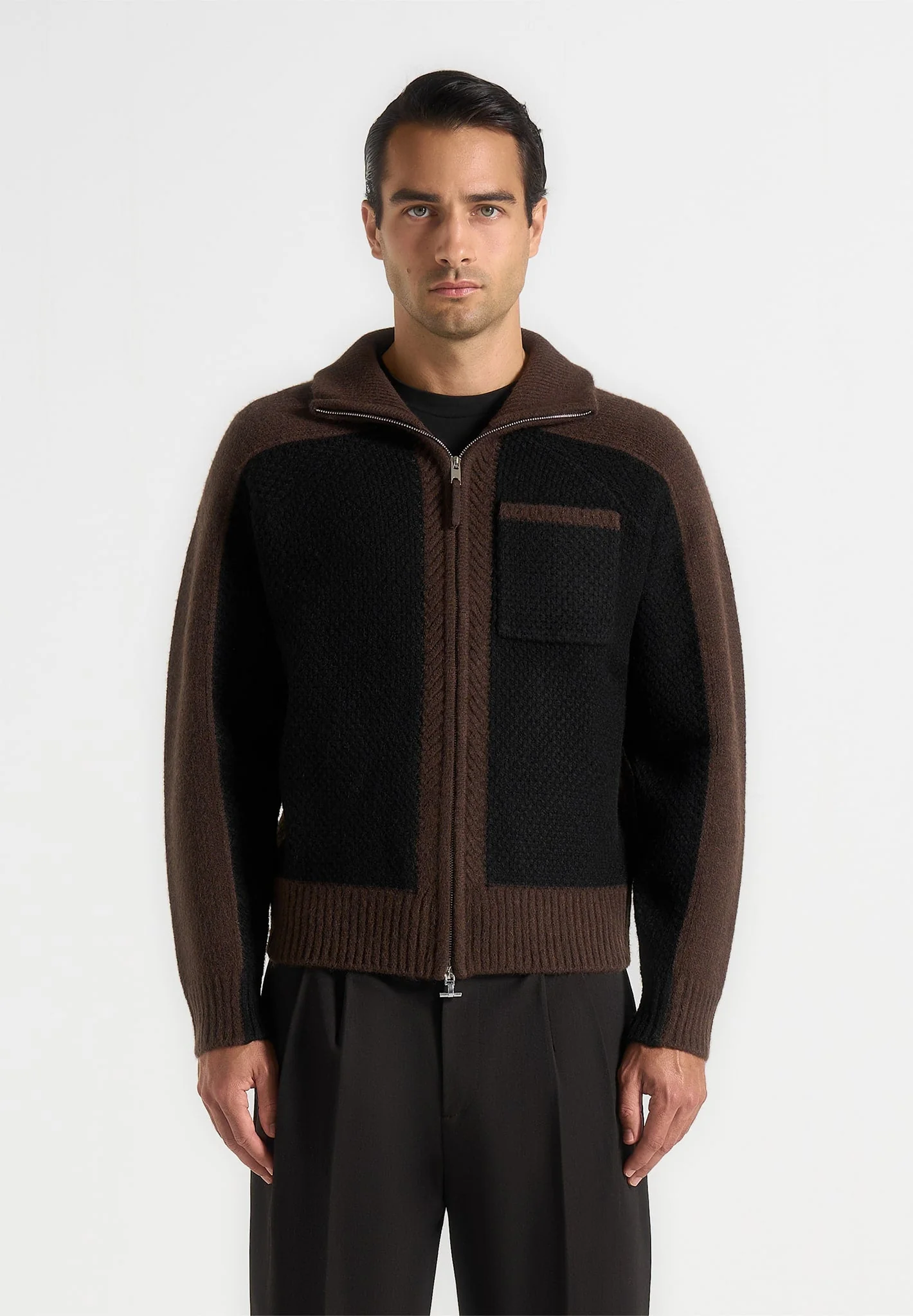 Rene - Colour Block Zip Through Cardigan - Black/Brown - Image 4