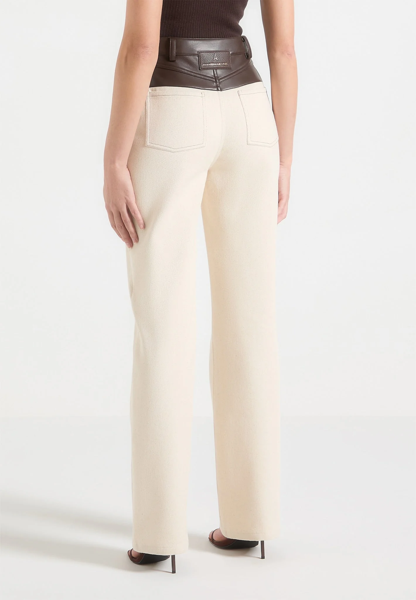 Renee - Denim & Leather Straight Leg Jeans - Cream/Brown - Image 6