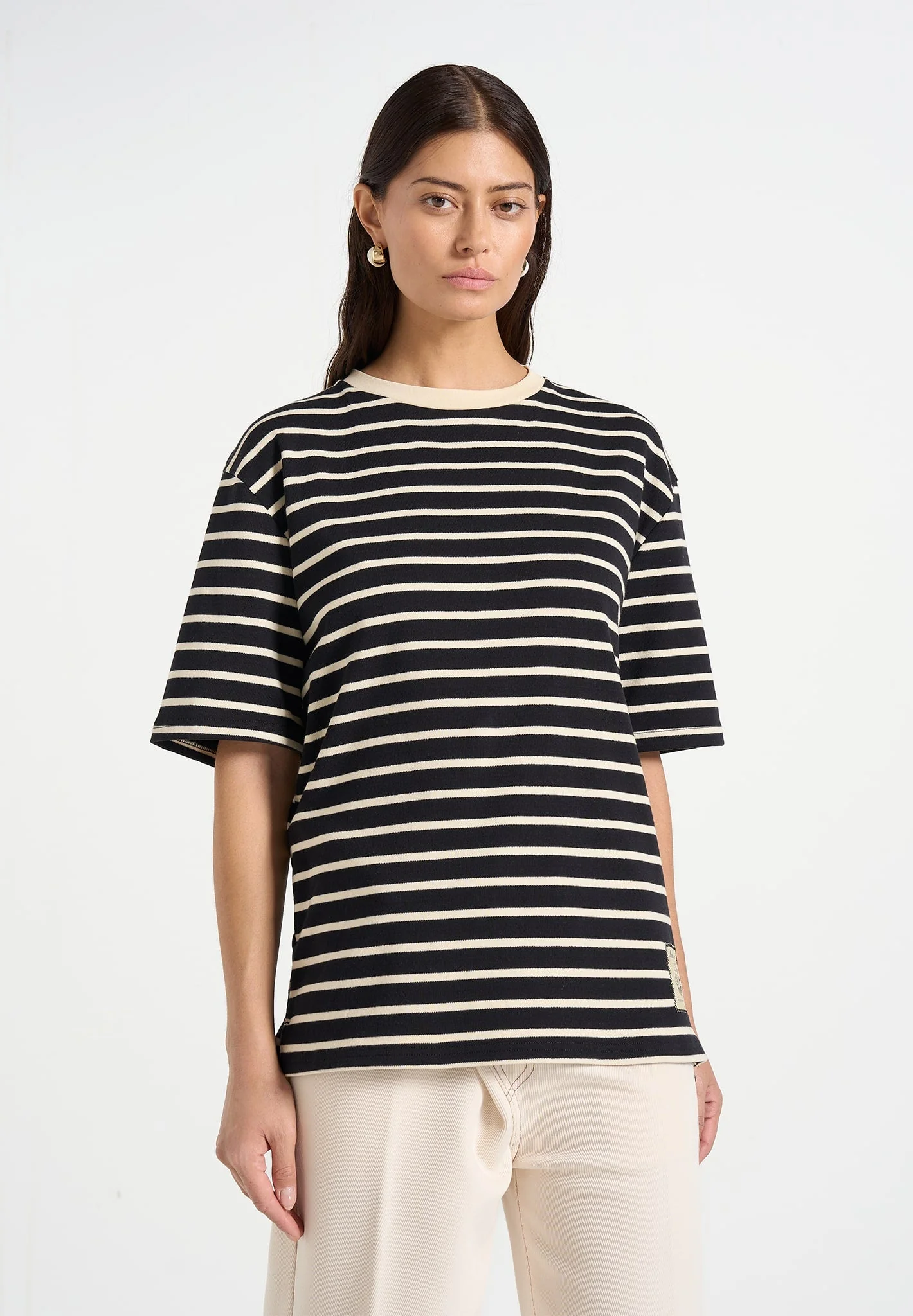 Riley - Unisex Striped Relaxed Fit Cotton T-Shirt - Black/Cream - Image 4