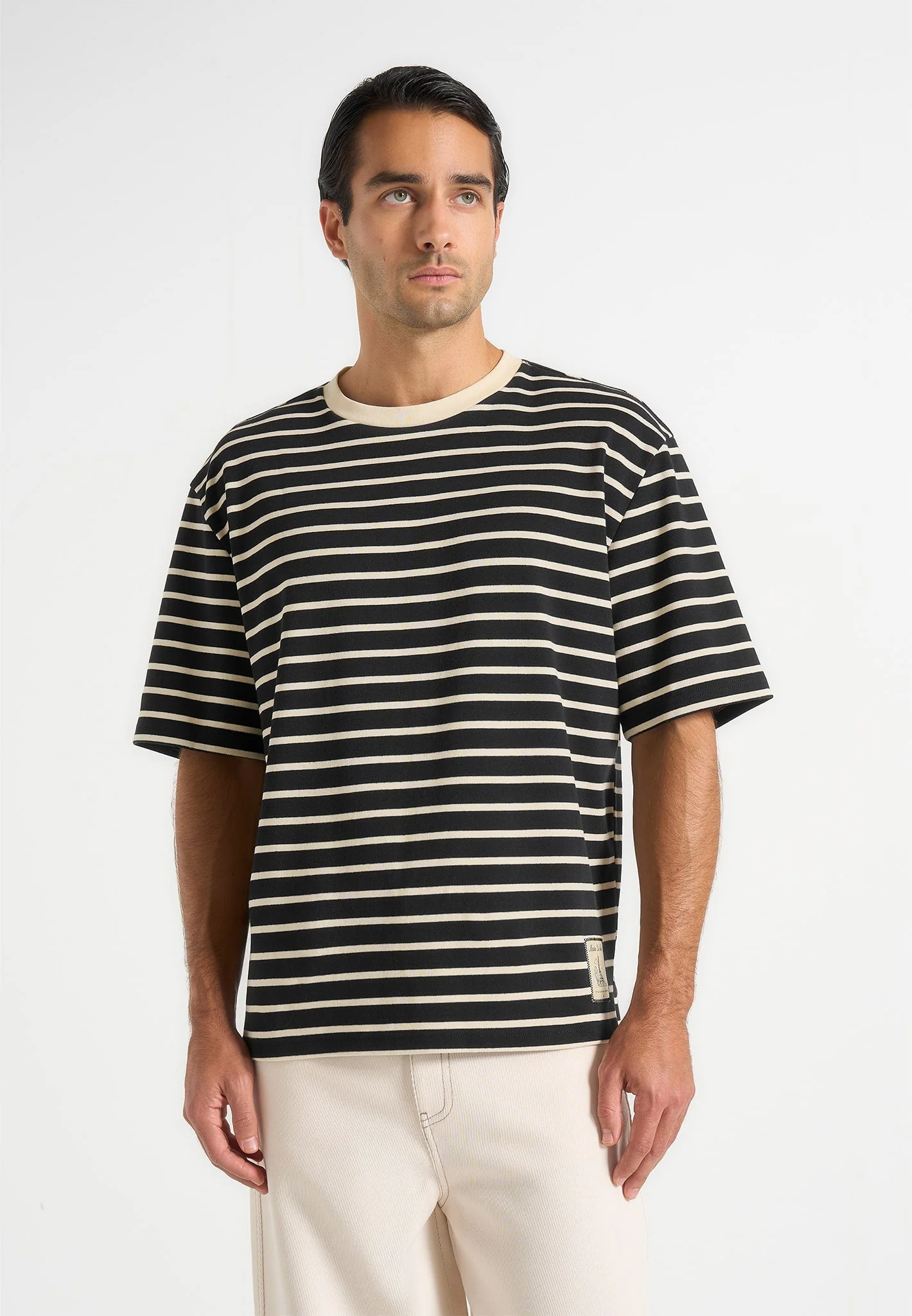 Riley - Unisex Striped Relaxed Fit Cotton T-Shirt - Black/Cream - Image 5