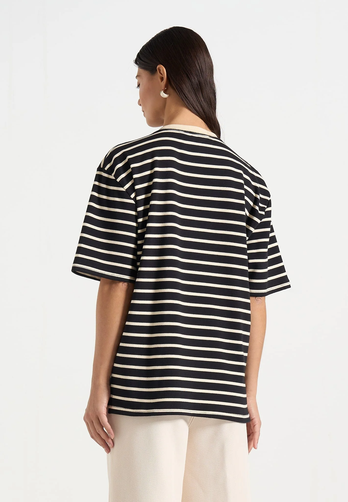 Riley - Unisex Striped Relaxed Fit Cotton T-Shirt - Black/Cream - Image 7