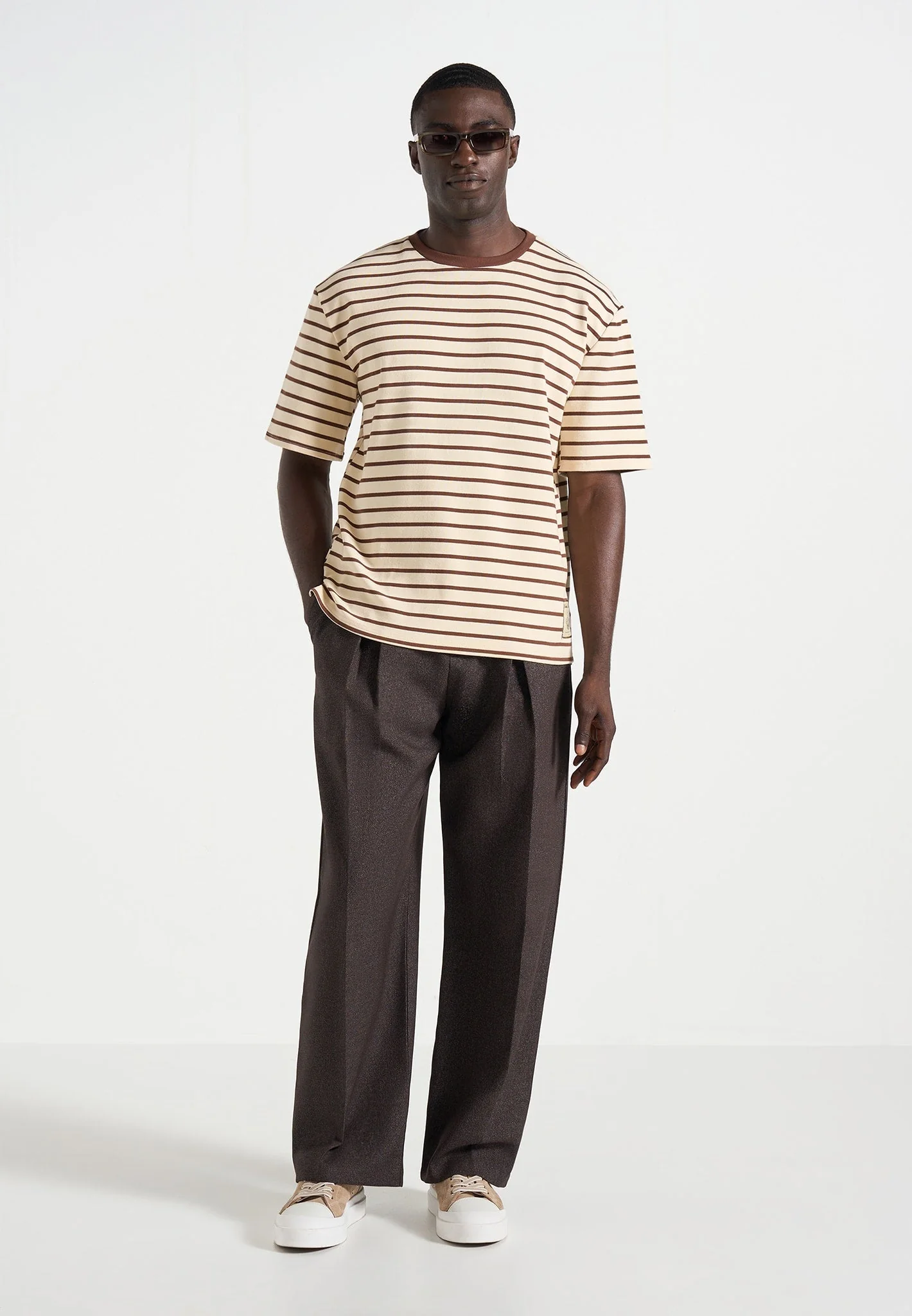 Riley - Unisex Striped Relaxed Fit Cotton T-Shirt - Cream/Brown - Image 2