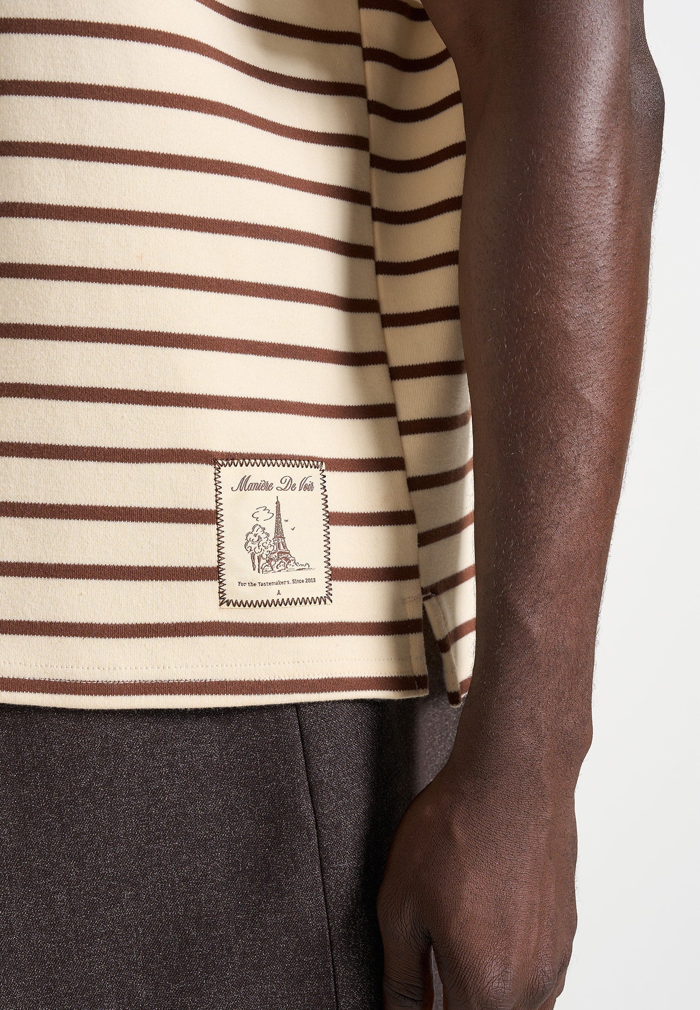 Riley - Unisex Striped Relaxed Fit Cotton T-Shirt - Cream/Brown - Image 3