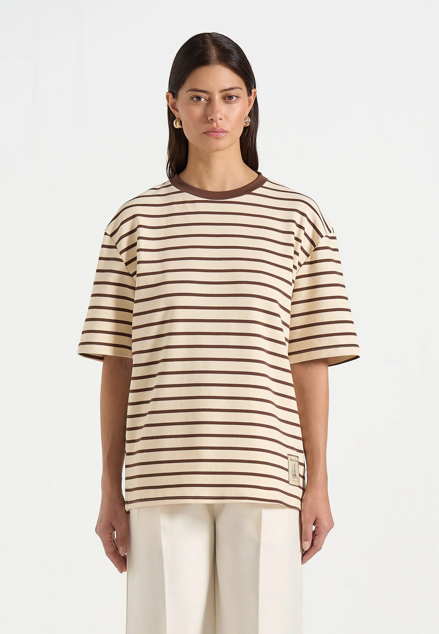 Riley - Unisex Striped Relaxed Fit Cotton T-Shirt - Cream/Brown - Image 4