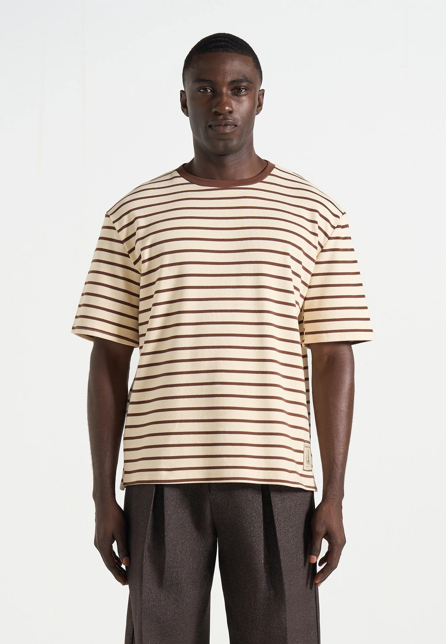 Riley - Unisex Striped Relaxed Fit Cotton T-Shirt - Cream/Brown - Image 5