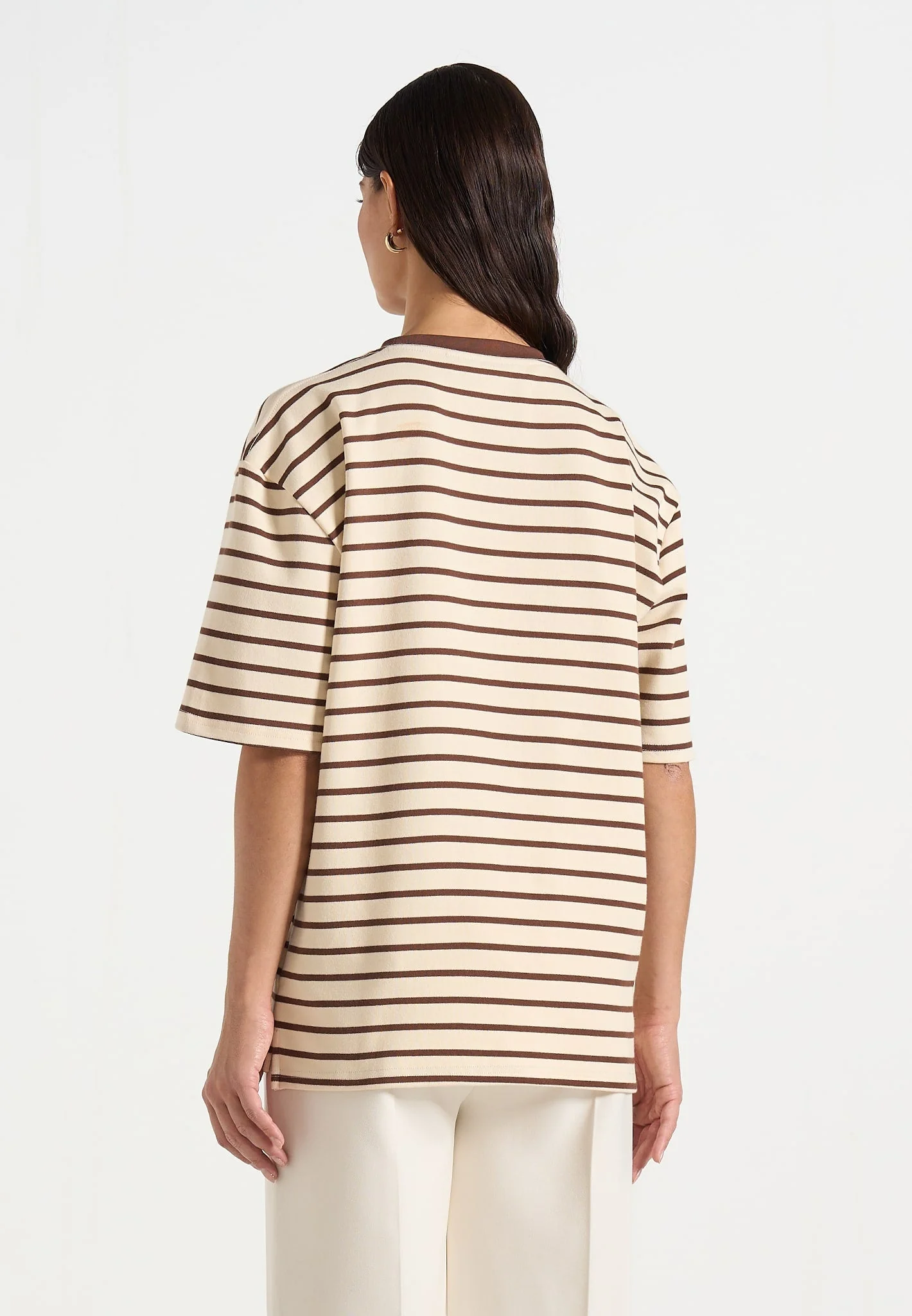 Riley - Unisex Striped Relaxed Fit Cotton T-Shirt - Cream/Brown - Image 6