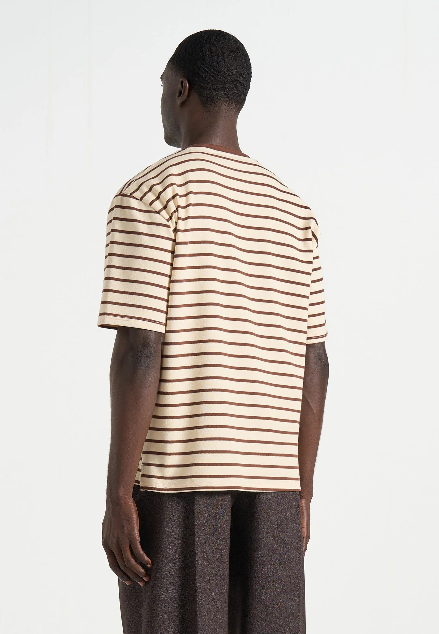 Riley - Unisex Striped Relaxed Fit Cotton T-Shirt - Cream/Brown - Image 7