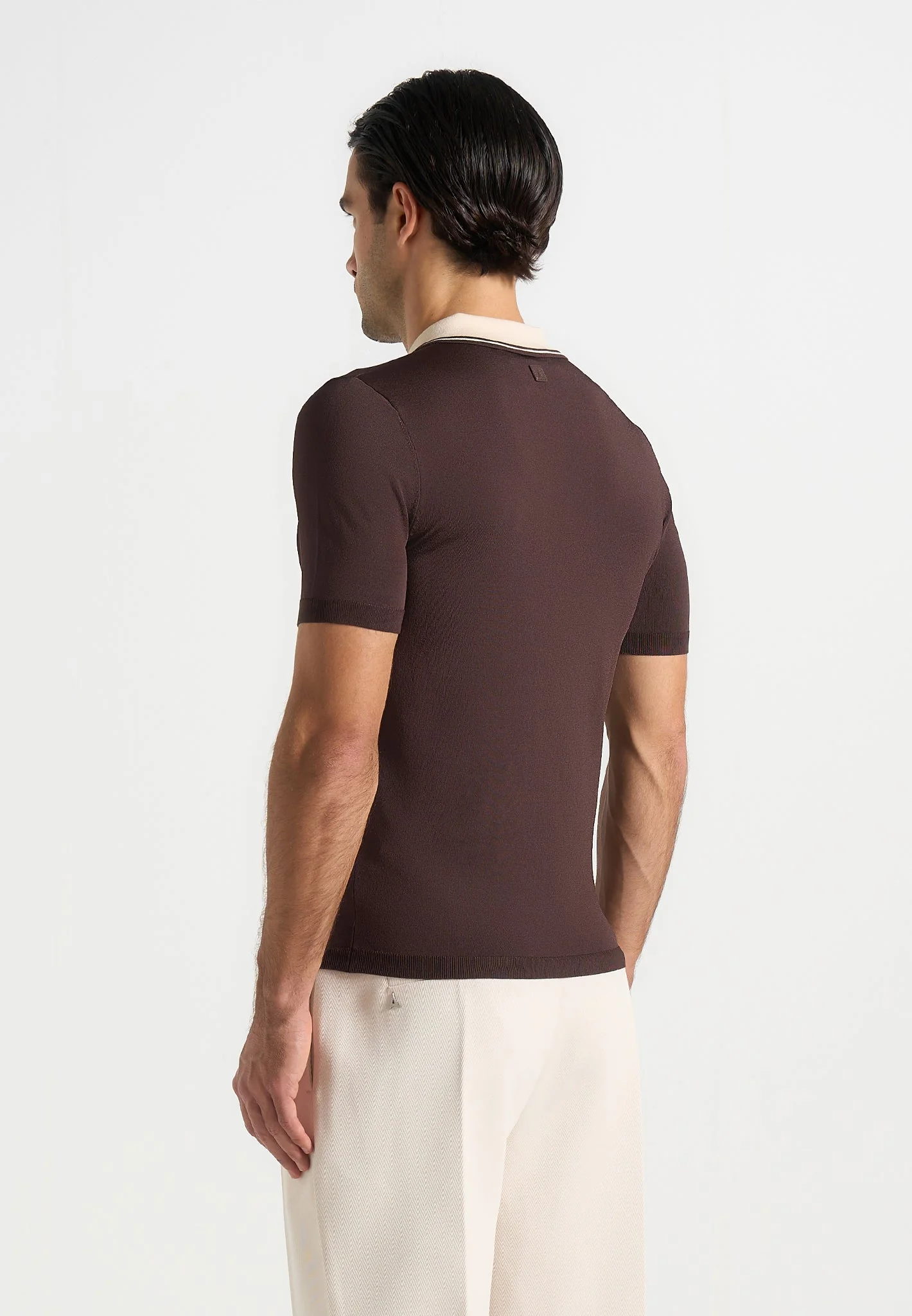 Roux - Contrast Detail Luxe Knit Polo Shirt - Brown - Image 3
