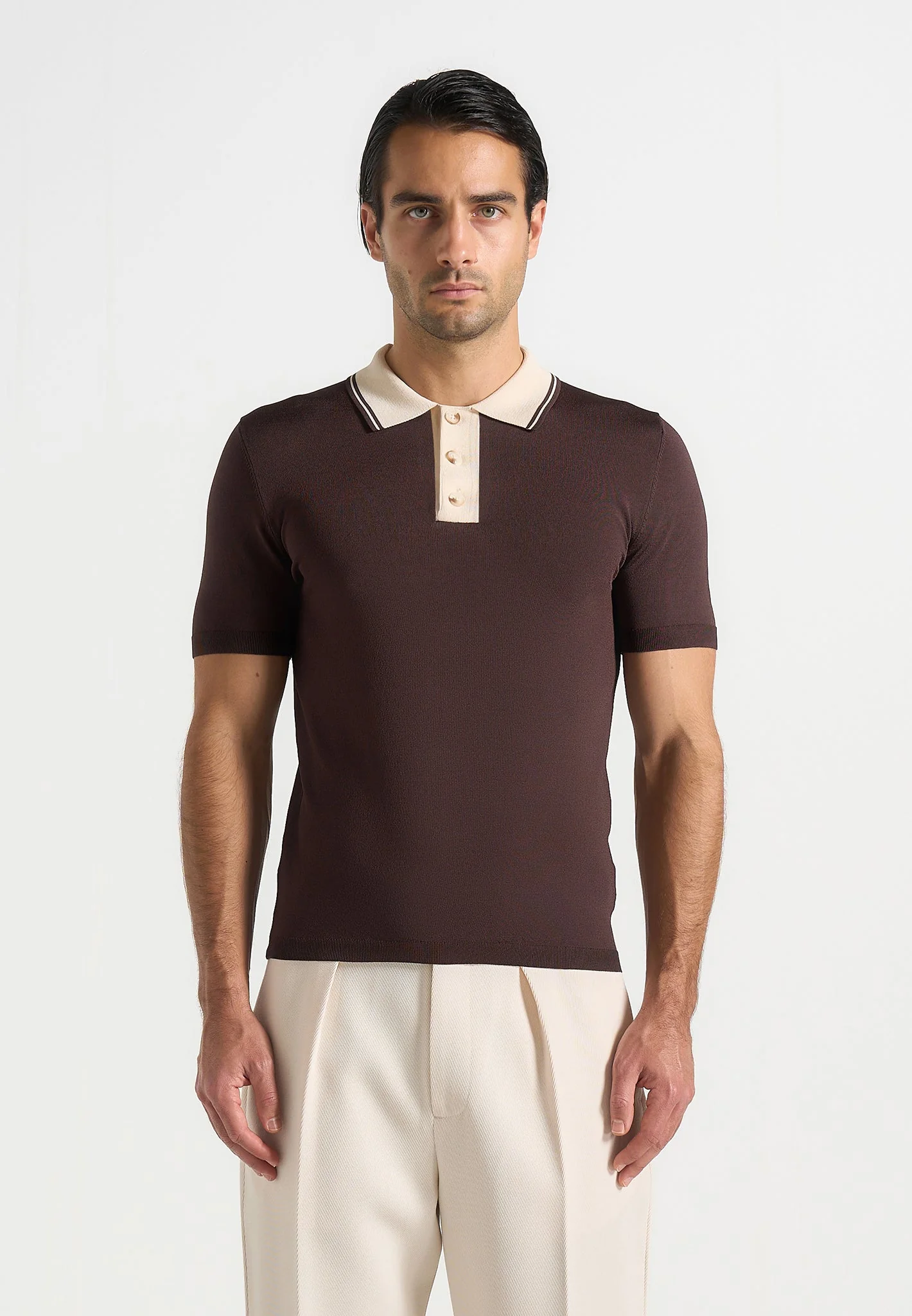 Roux - Contrast Detail Luxe Knit Polo Shirt - Brown - Image 4