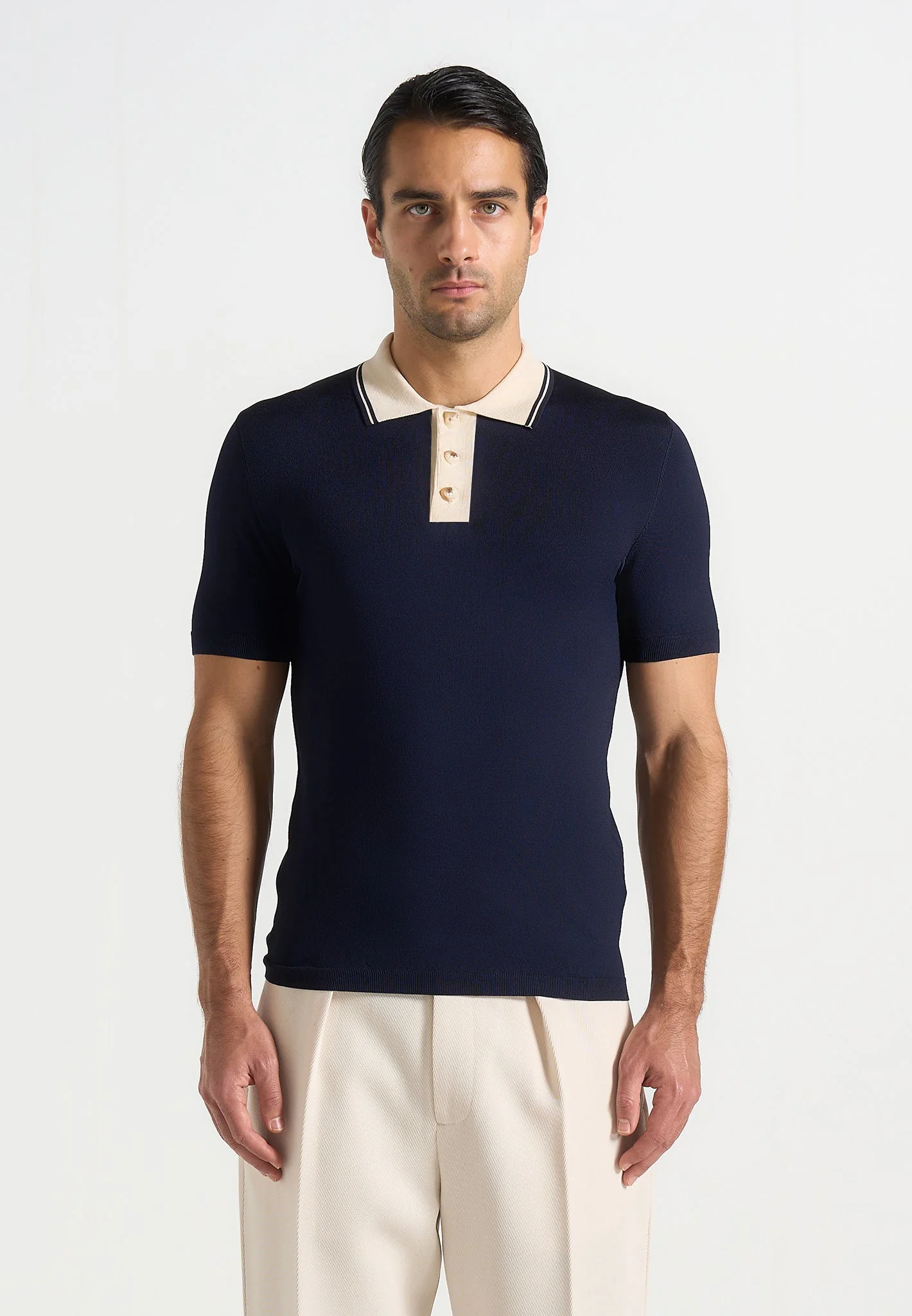 Roux - Contrast Detail Luxe Knit Polo Shirt - Navy - Image 4