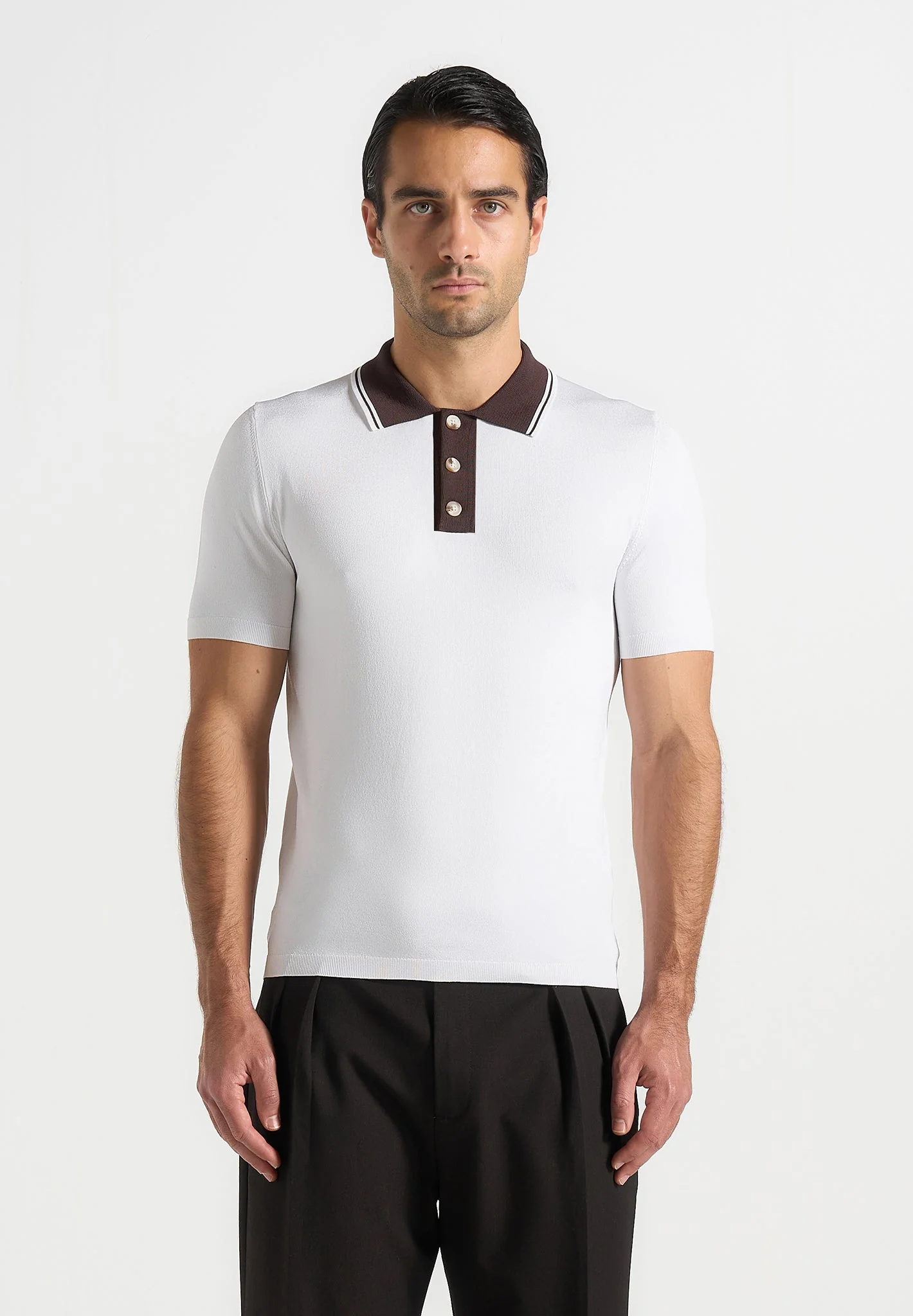 Roux - Contrast Detail Luxe Knit Polo Shirt - White - Image 4
