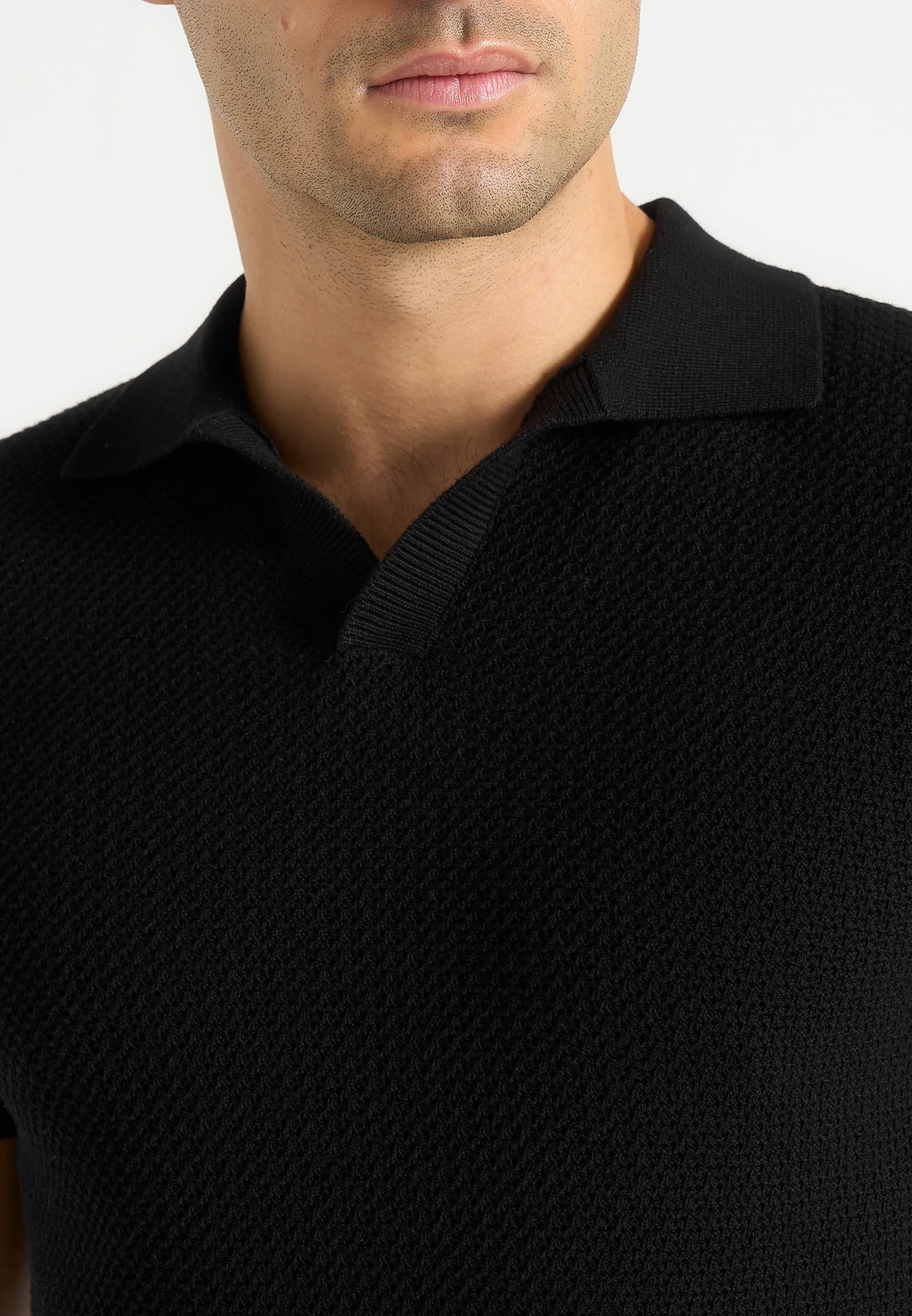Rowen - Textured Knit Revere Polo Shirt - Black - Image 3