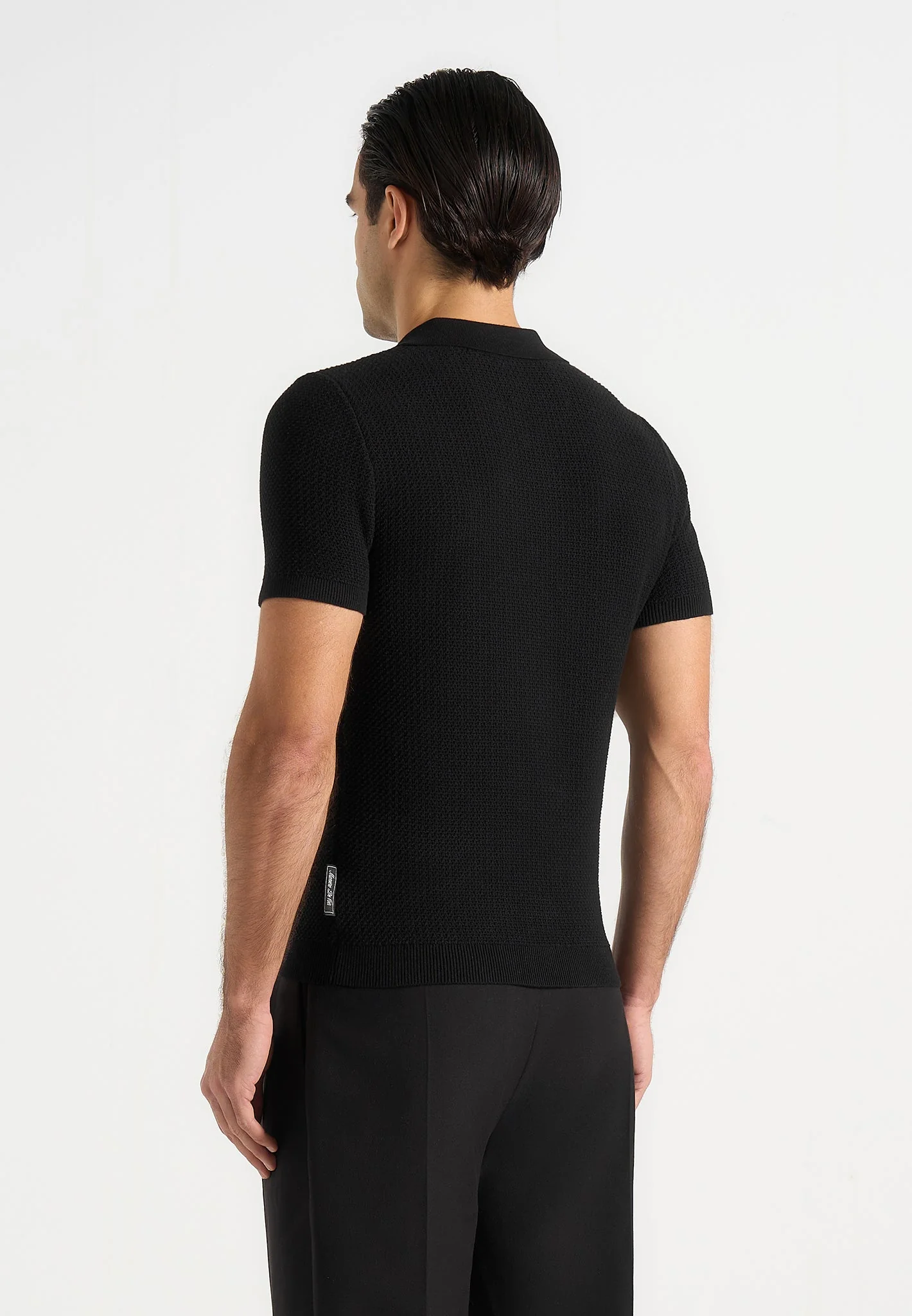 Rowen - Textured Knit Revere Polo Shirt - Black - Image 4