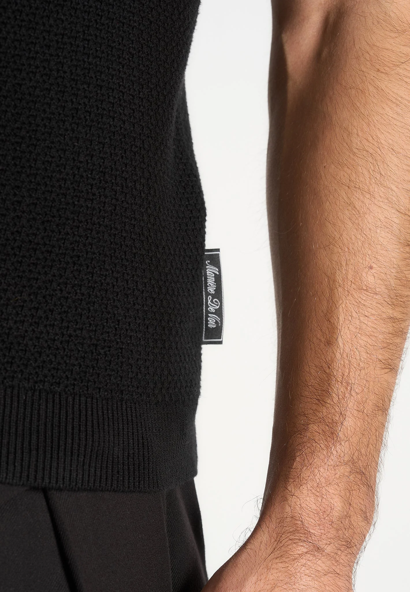 Rowen - Textured Knit Revere Polo Shirt - Black - Image 5