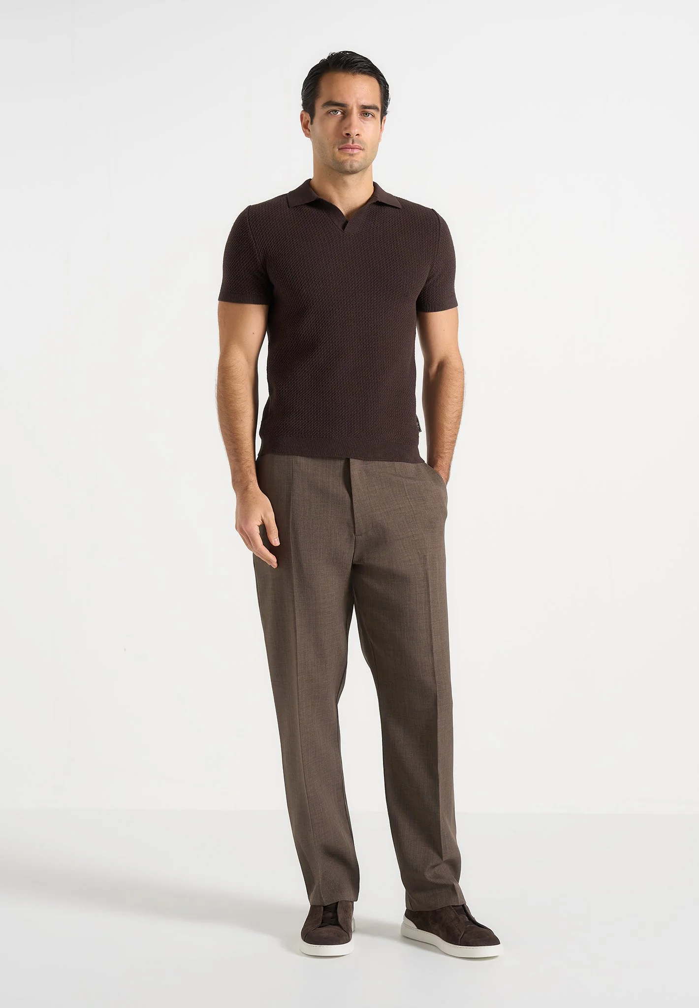 Rowen - Textured Knit Revere Polo Shirt - Brown - Image 2