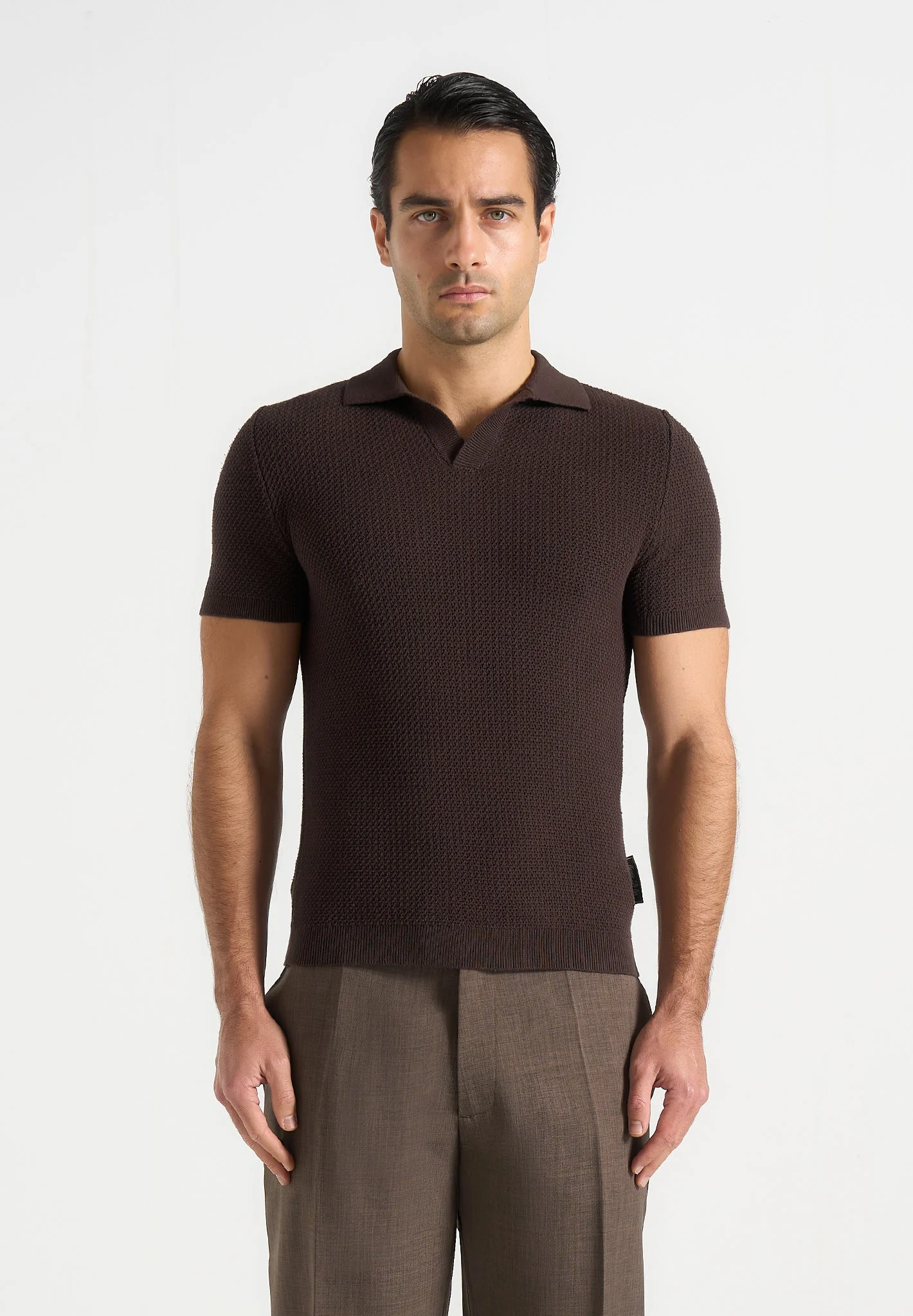 Rowen - Textured Knit Revere Polo Shirt - Brown - Image 3