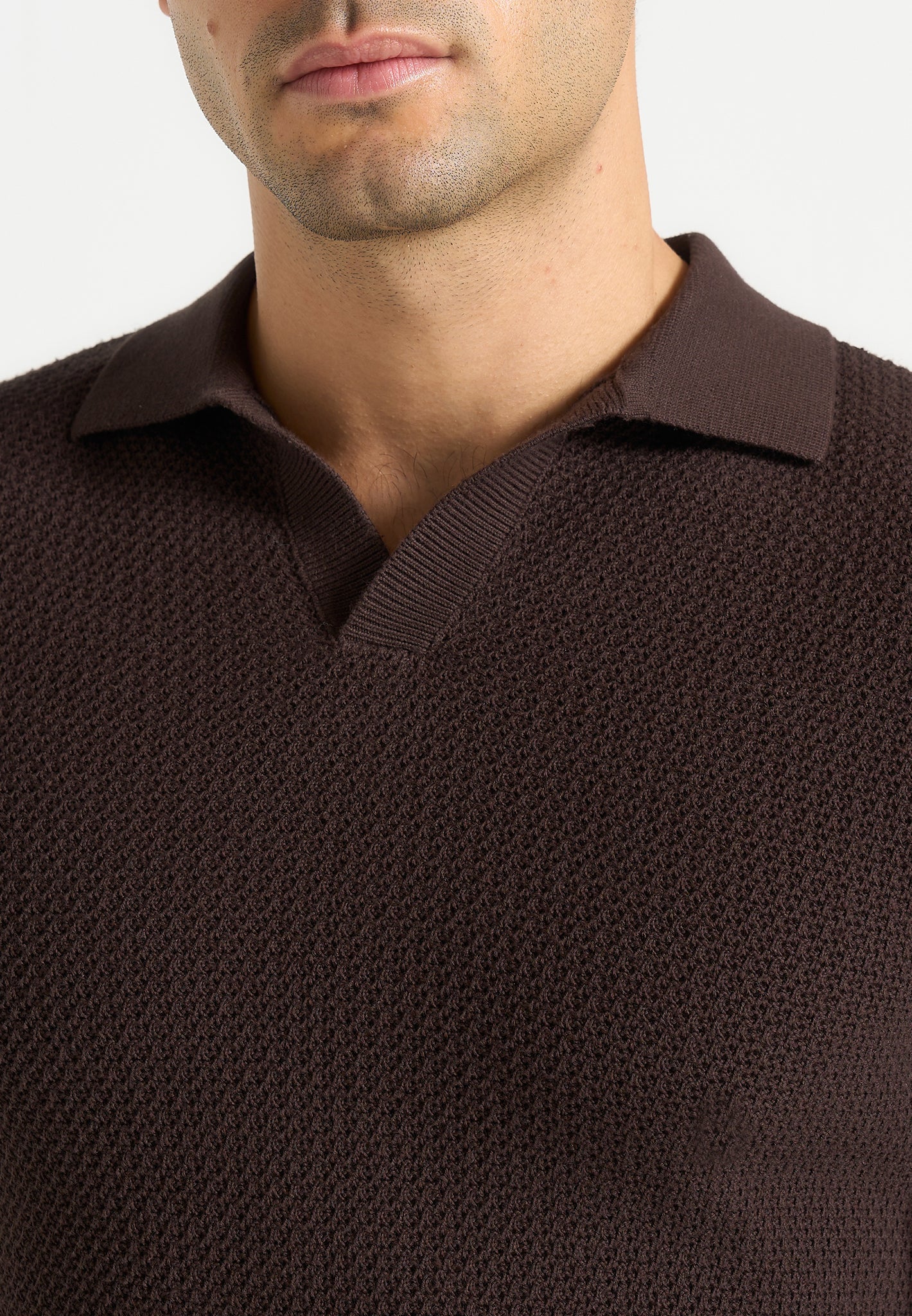Rowen - Textured Knit Revere Polo Shirt - Brown - Image 4
