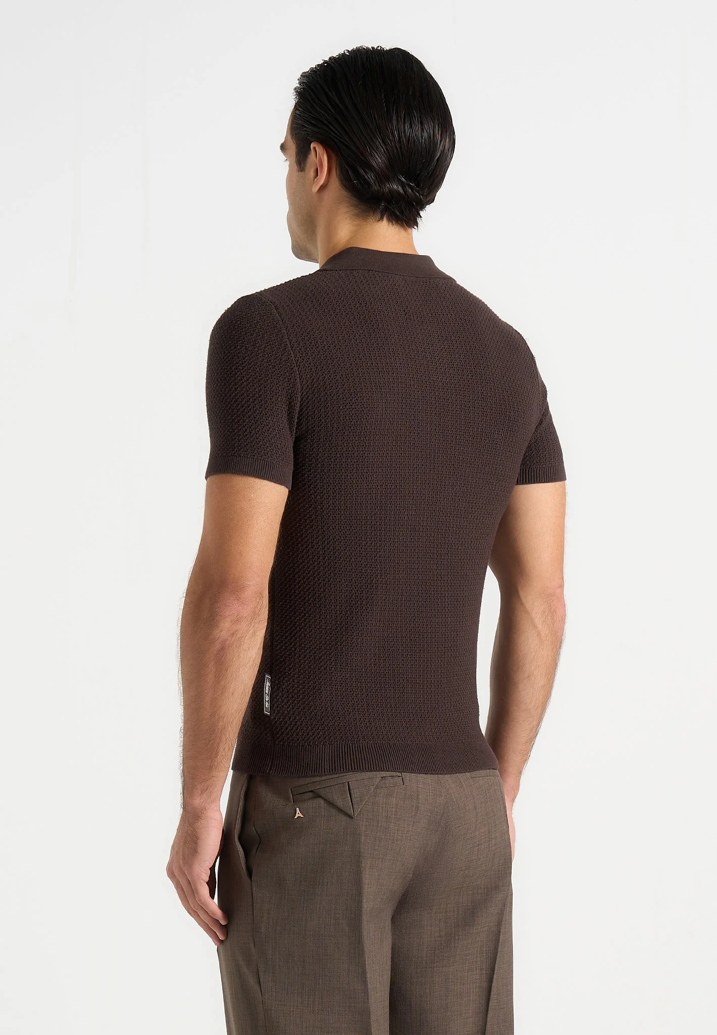 Rowen - Textured Knit Revere Polo Shirt - Brown - Image 5