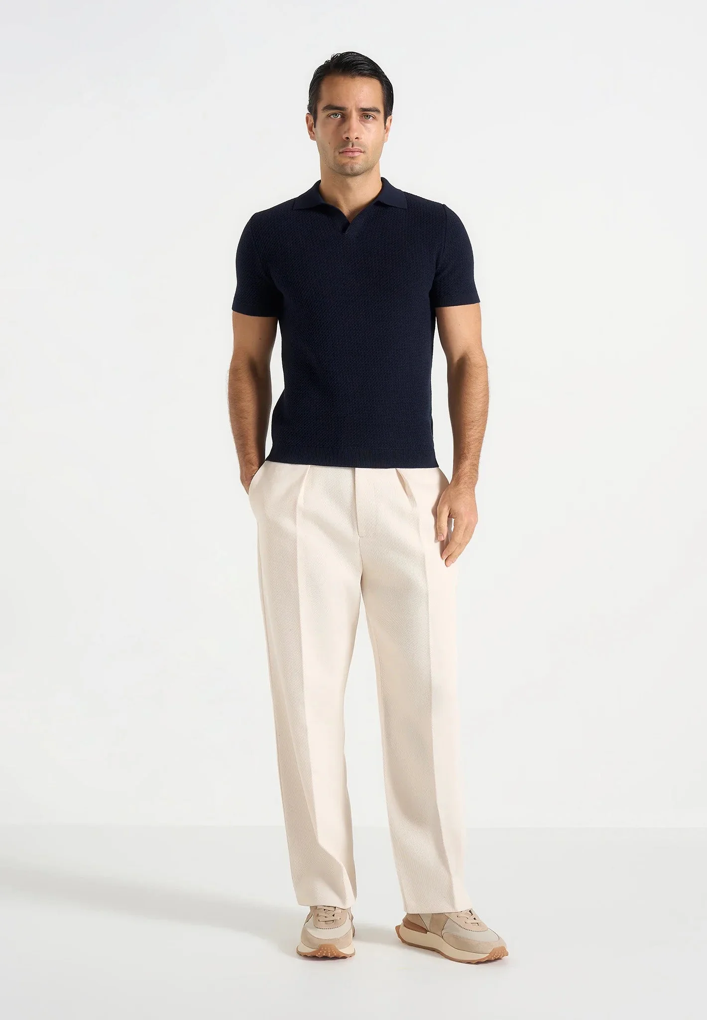Rowen - Textured Knit Revere Polo Shirt - Navy - Image 2