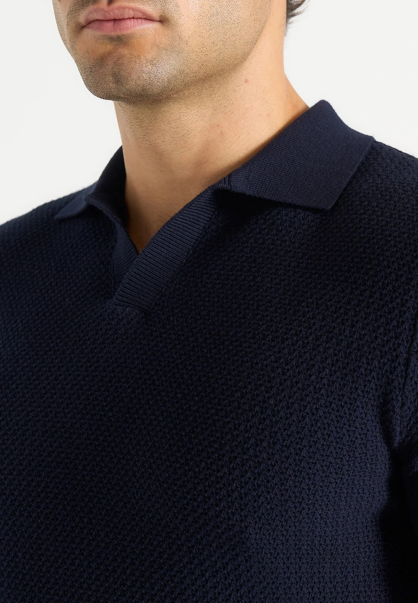 Rowen - Textured Knit Revere Polo Shirt - Navy - Image 3