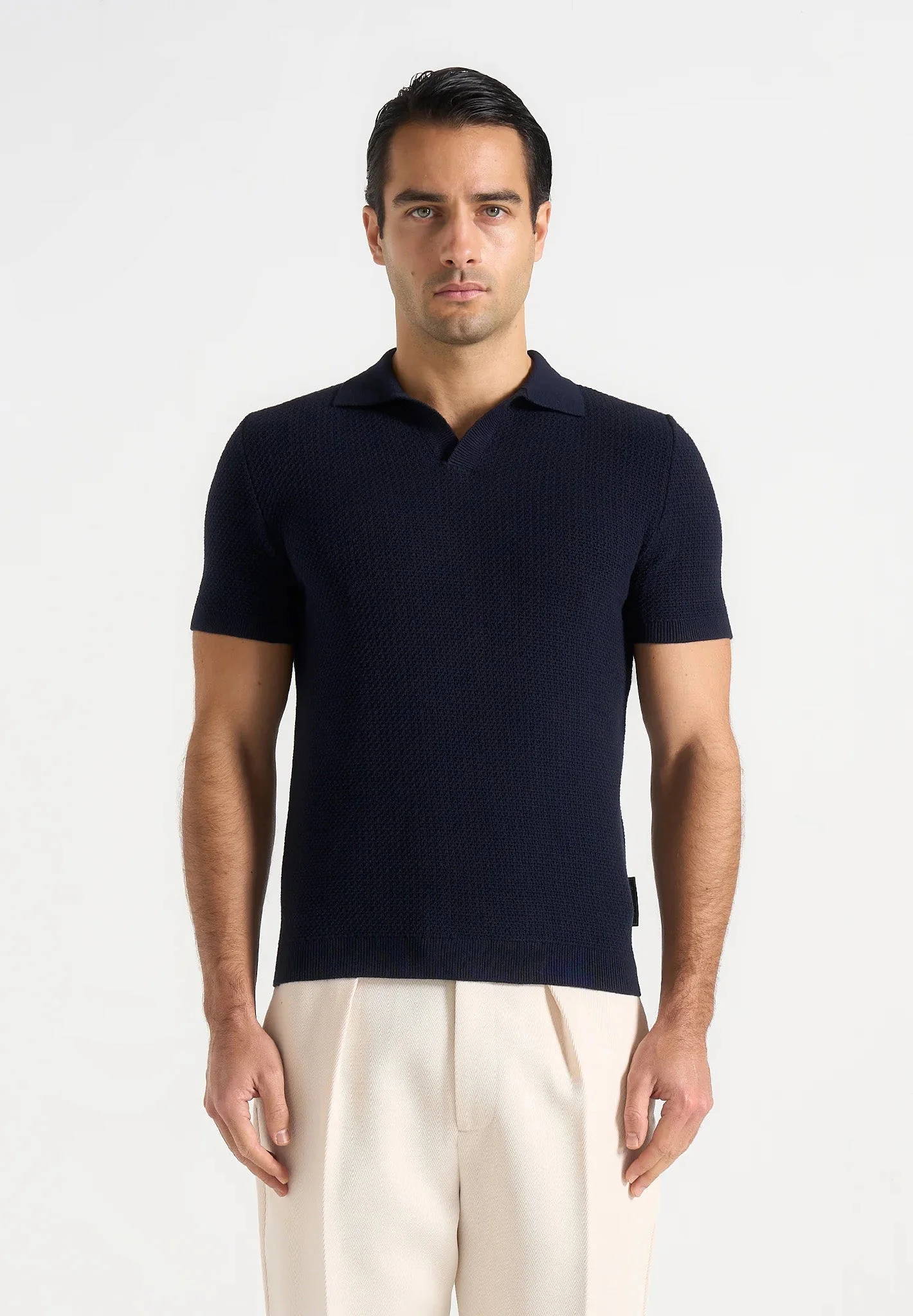 Rowen - Textured Knit Revere Polo Shirt - Navy - Image 4