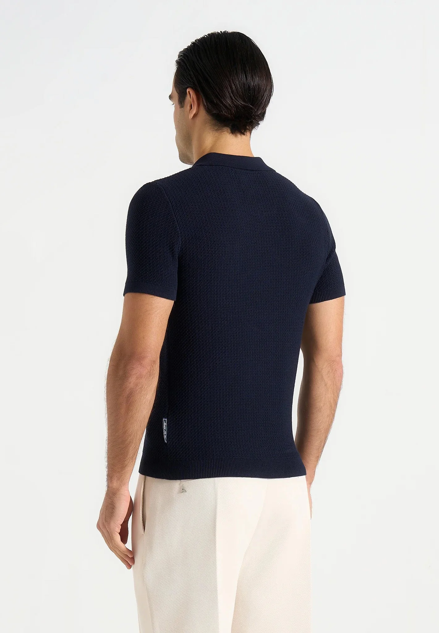 Rowen - Textured Knit Revere Polo Shirt - Navy - Image 5