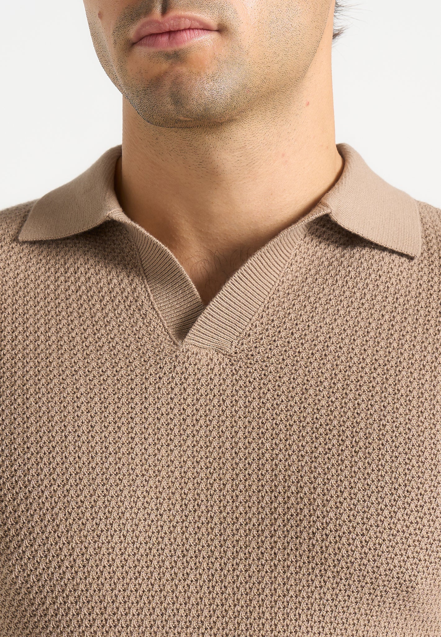 Rowen - Textured Knit Revere Polo Shirt - Taupe - Image 3