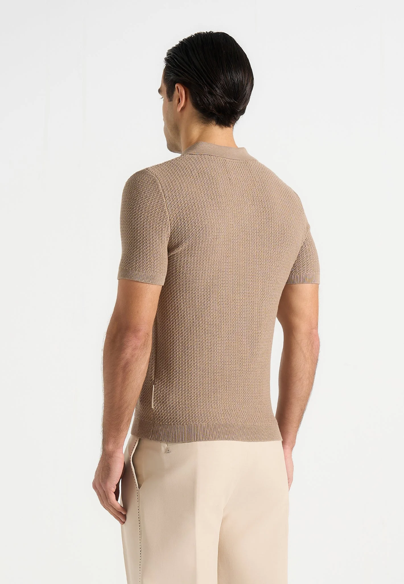 Rowen - Textured Knit Revere Polo Shirt - Taupe - Image 4