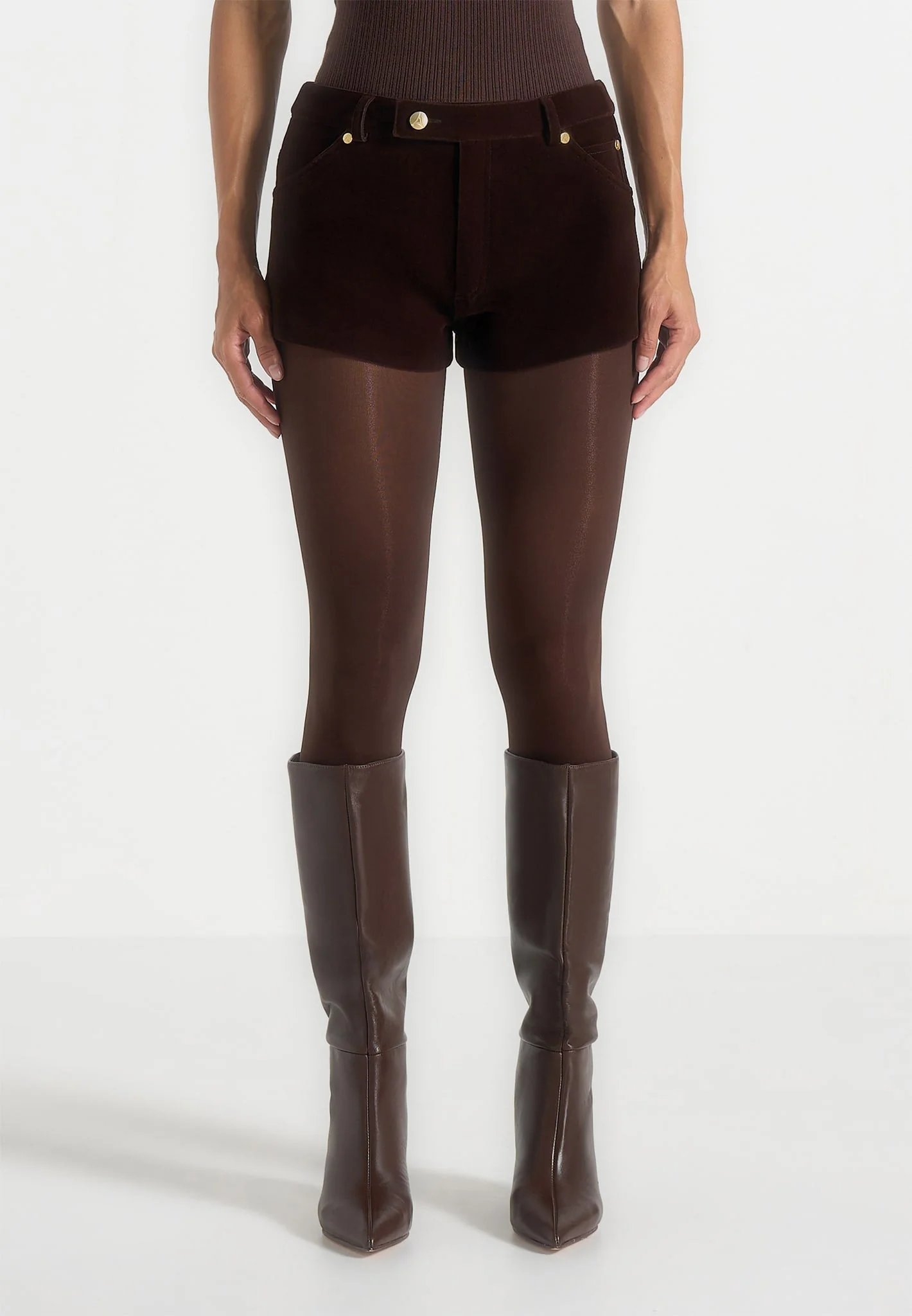 Samia - Velvet Patent Mini Shorts - Brown