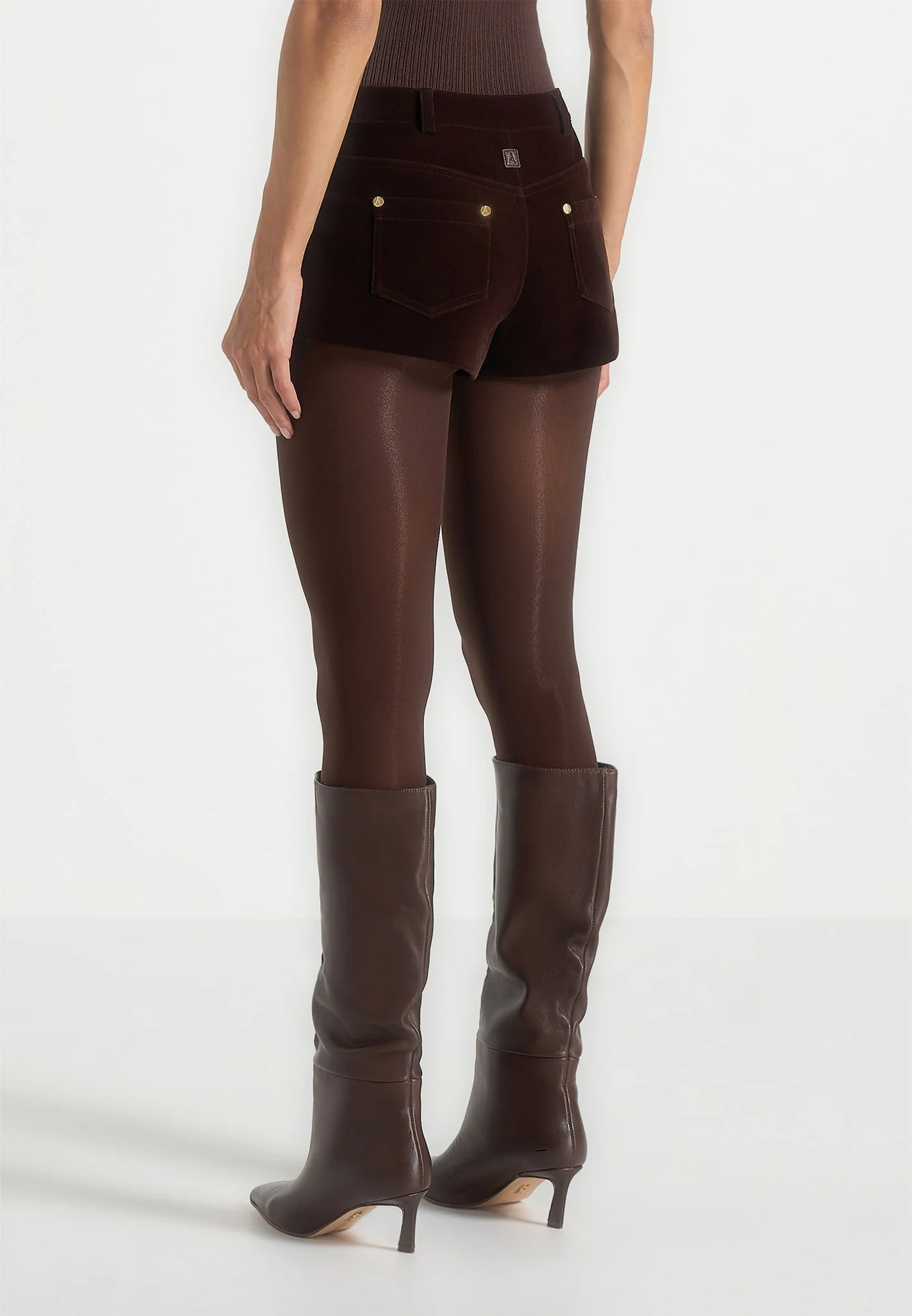 Samia - Velvet Patent Mini Shorts - Brown - Image 5