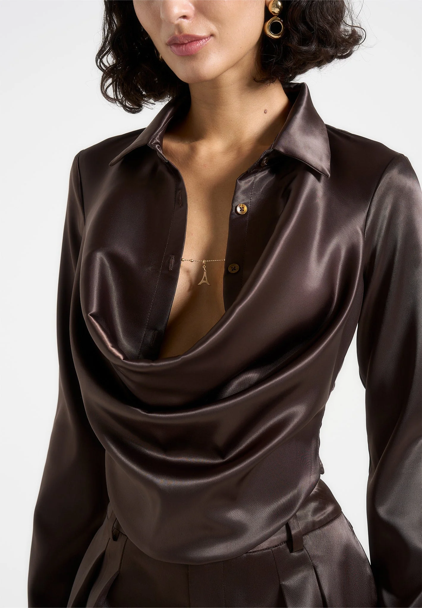 Satia - Satin Cowl Shirt with Chain Detail - Brown - Image 3