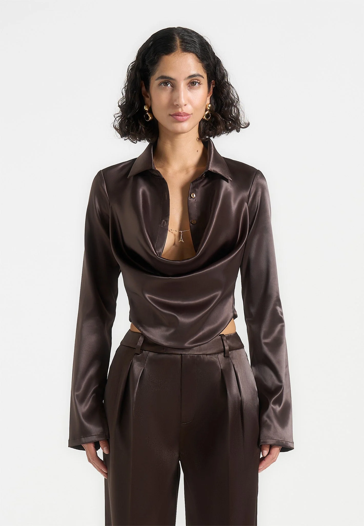Satia - Satin Cowl Shirt with Chain Detail - Brown - Image 4