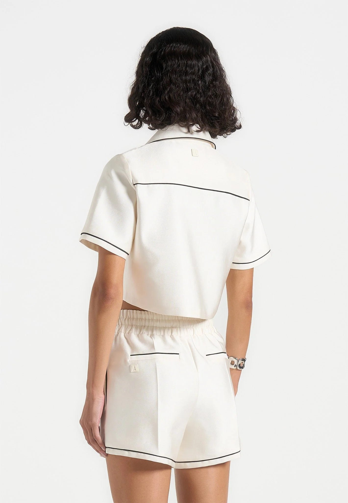 Maude - Satin Cropped Shirt with Piping - Off White - Image 4