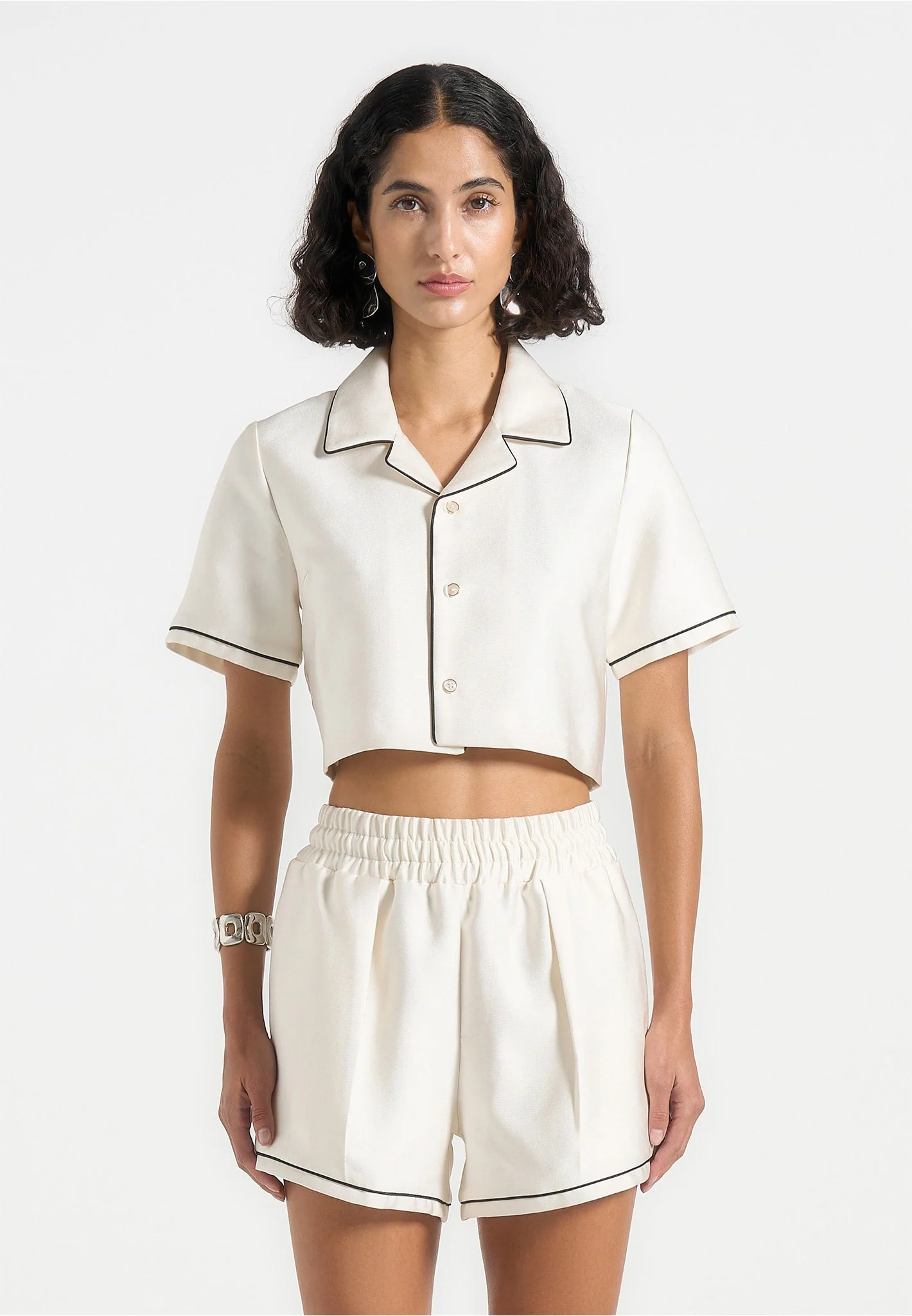 Maude - Satin Cropped Shirt with Piping - Off White - Image 5