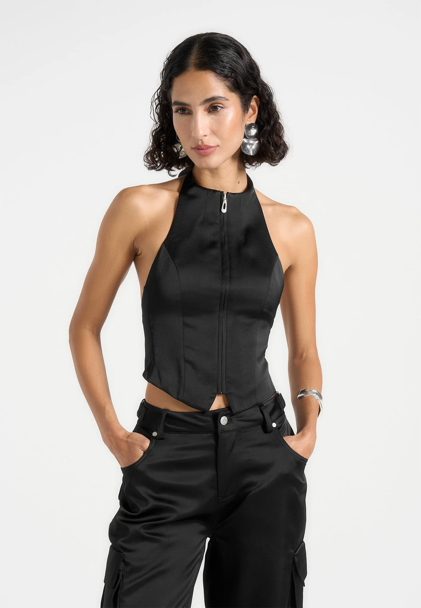 Claudette - Satin Halterneck Backless Top - Black - Image 2